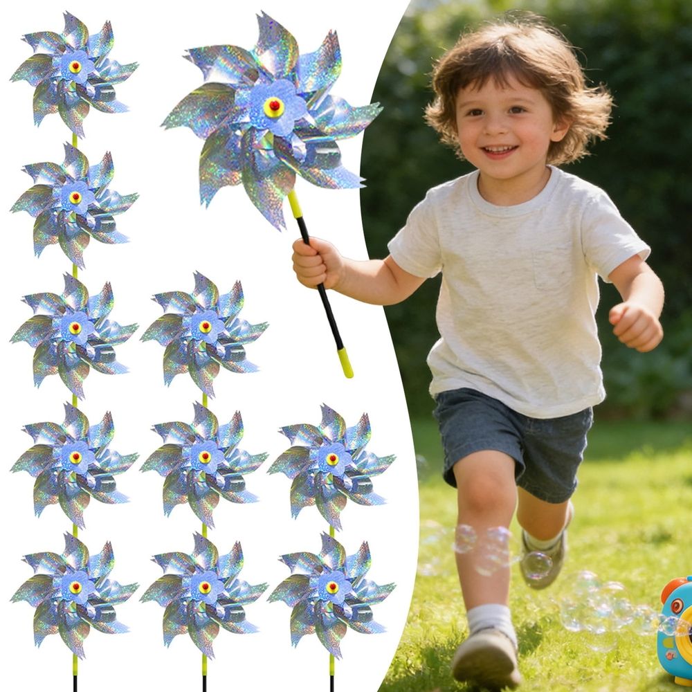 10-Pack Reflective Pinwheels for Garden and Orchard Bird Deterrent, 18.5 Inch Tall Octagonal Mylar Windmills for Balcony and Farm Outdoor Decor, Shiny Silver Finish