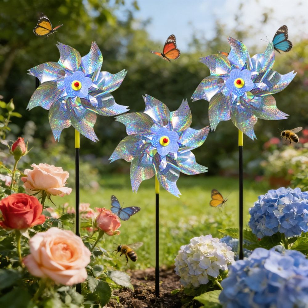 10-Pack Reflective Pinwheels for Garden and Orchard Bird Deterrent, 18.5 Inch Tall Octagonal Mylar Windmills for Balcony and Farm Outdoor Decor, Shiny Silver Finish