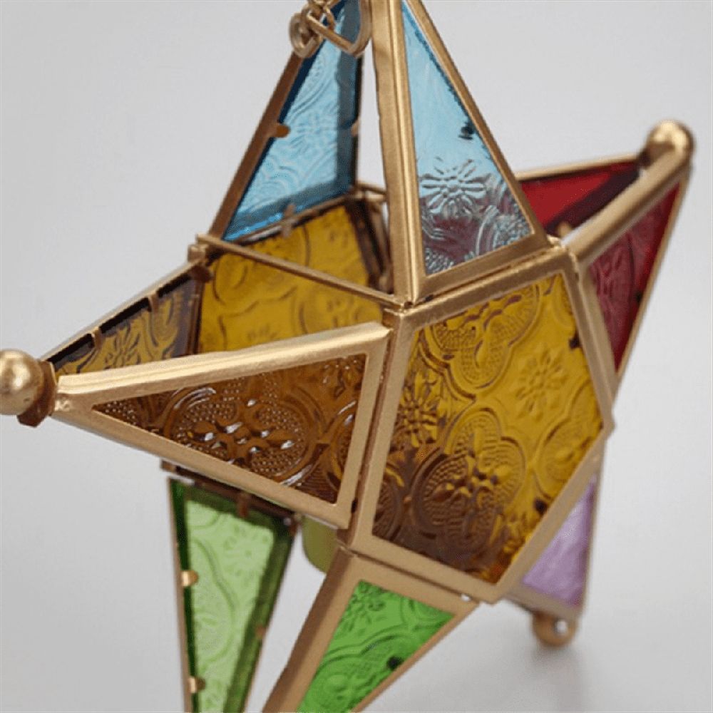 Hanging Candle Lantern,Moroccan Style Glass Five-Pointed Star Shaped Tealight-Holder for Wedding,Garden Y