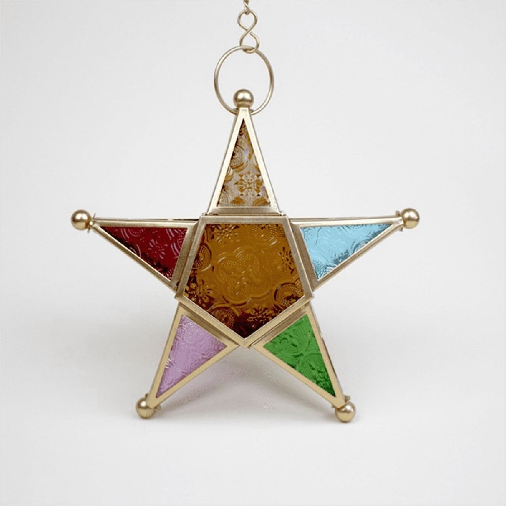 Hanging Candle Lantern,Moroccan Style Glass Five-Pointed Star Shaped Tealight-Holder for Wedding,Garden Y