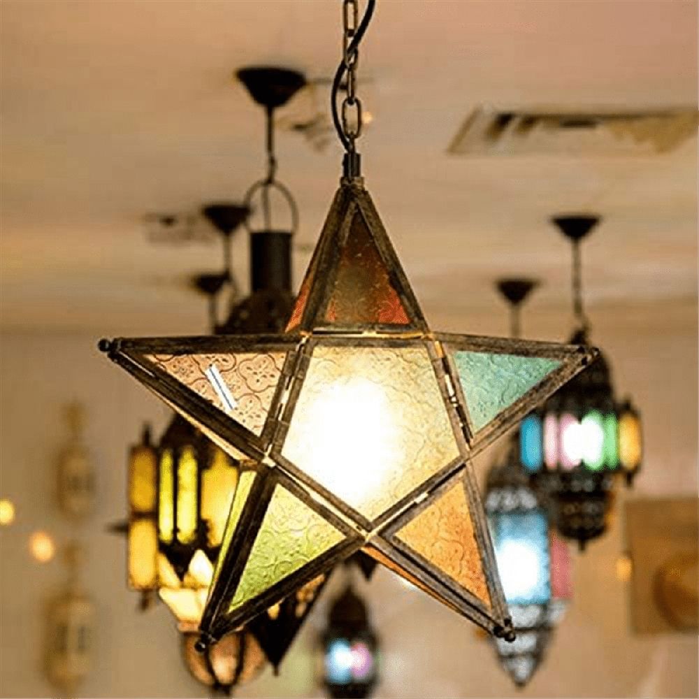 Hanging Candle Lantern,Moroccan Style Glass Five-Pointed Star Shaped Tealight-Holder for Wedding,Garden Y