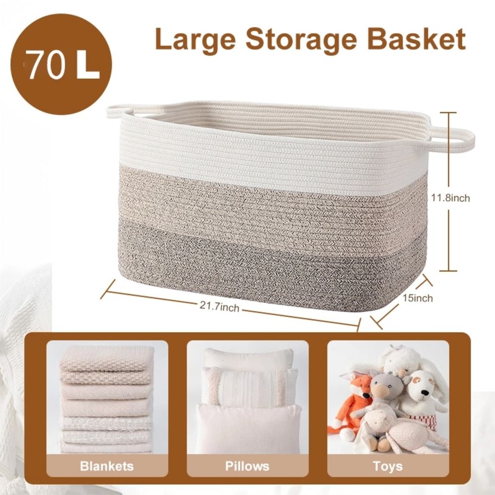 Large Woven Blanket Basket, Storage Baskets for Organizing,Rectangle Cotton Rope Toy Basket for Living Room, Bedroom, White & Grey