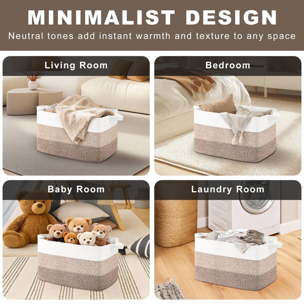 Large Woven Blanket Basket, Storage Baskets for Organizing,Rectangle Cotton Rope Toy Basket for Living Room, Bedroom, White & Grey