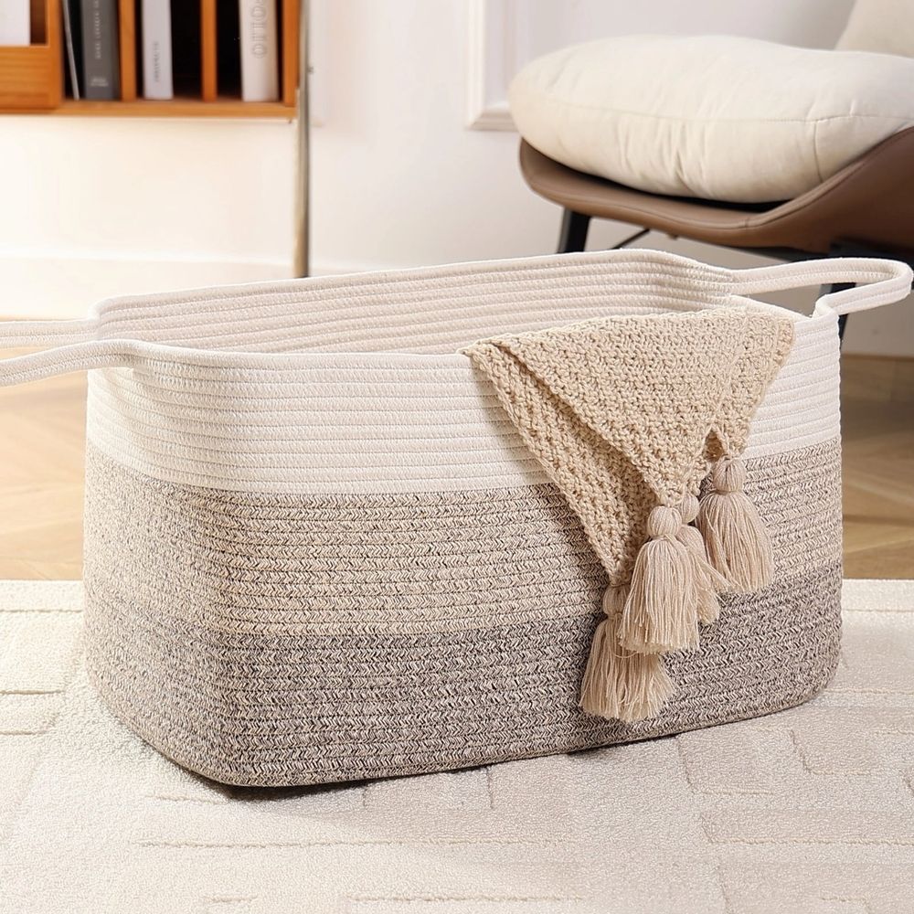 Large Woven Blanket Basket, Storage Baskets for Organizing,Rectangle Cotton Rope Toy Basket for Living Room, Bedroom, White & Grey