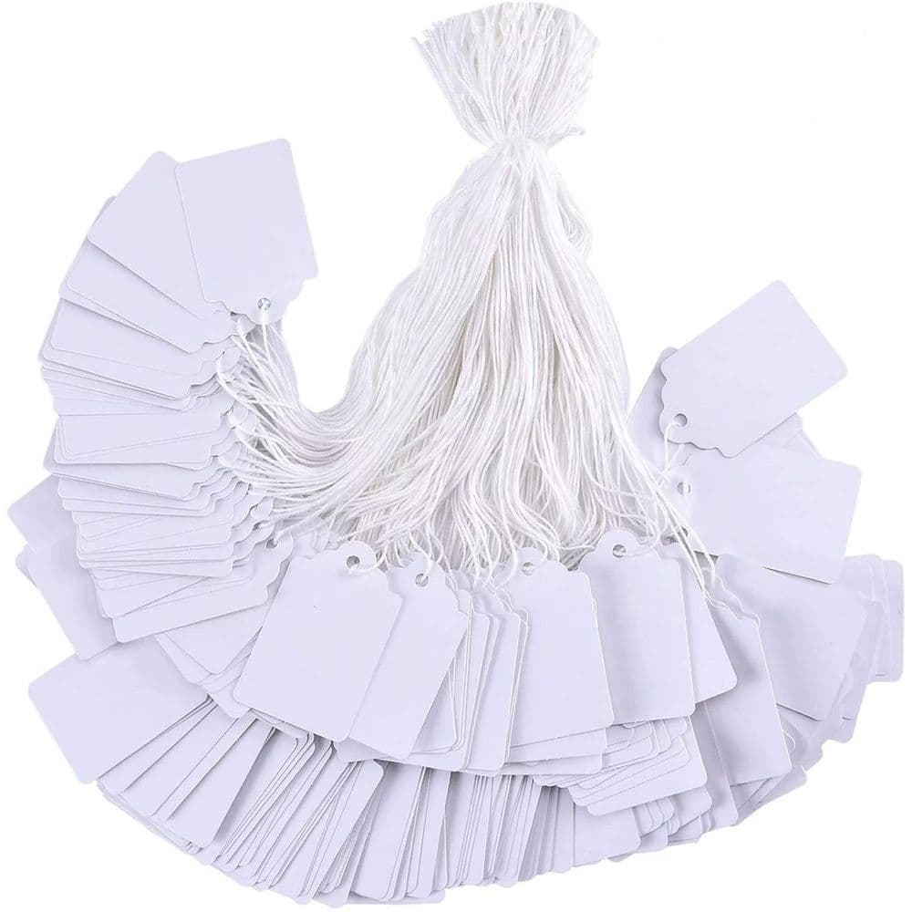 Gift Tags Writable Label Tags 100 Pcs White Smooth Surface with String Attached 1.75 x 1.093 Inches for Pricing Jewelry Clothing Yard Garage