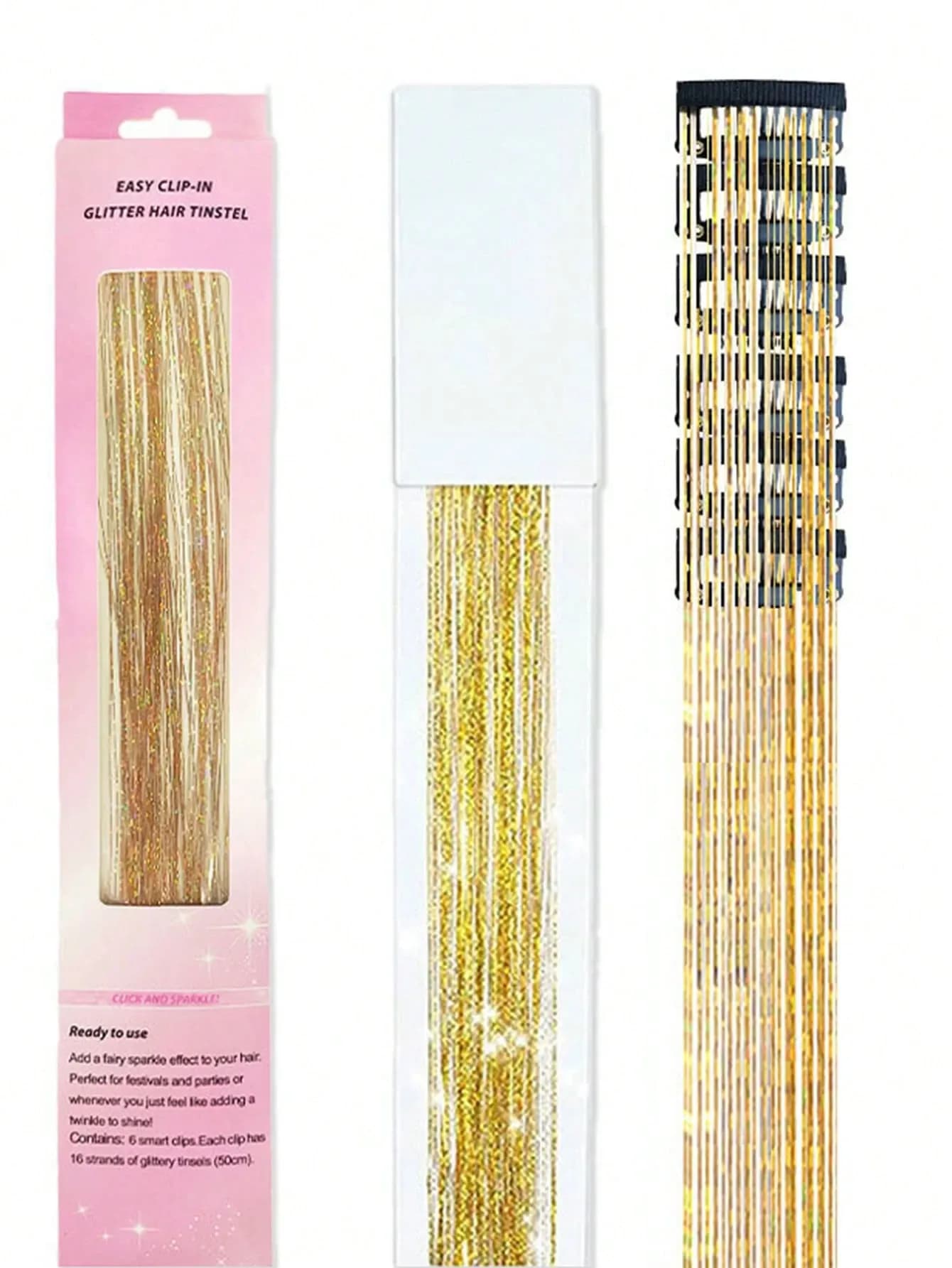 Clip-In Hair Extensions 20 Inch Glitter Tinsel 12 Piece Synthetic Hair Accessories for Women Gold