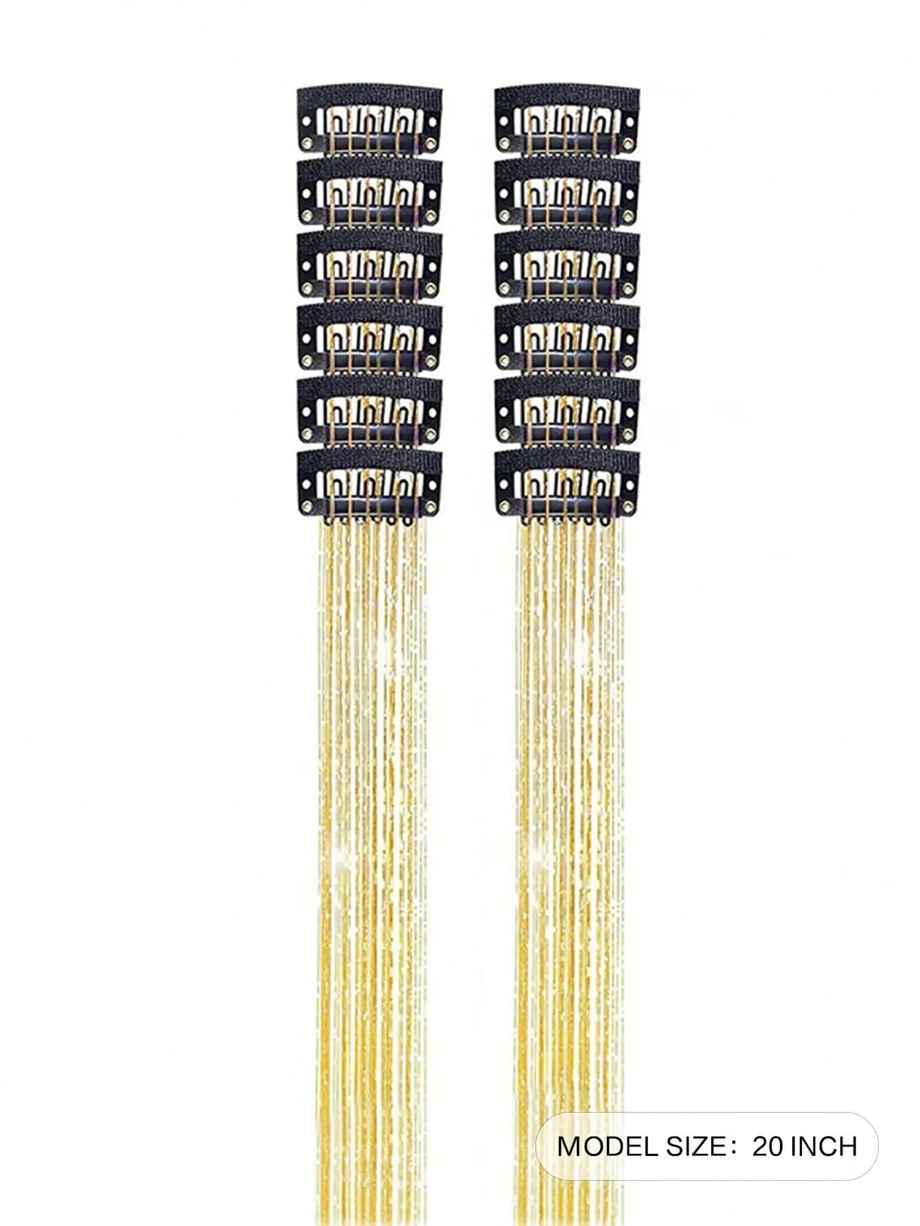 Clip-In Hair Extensions 20 Inch Glitter Tinsel 12 Piece Synthetic Hair Accessories for Women Gold
