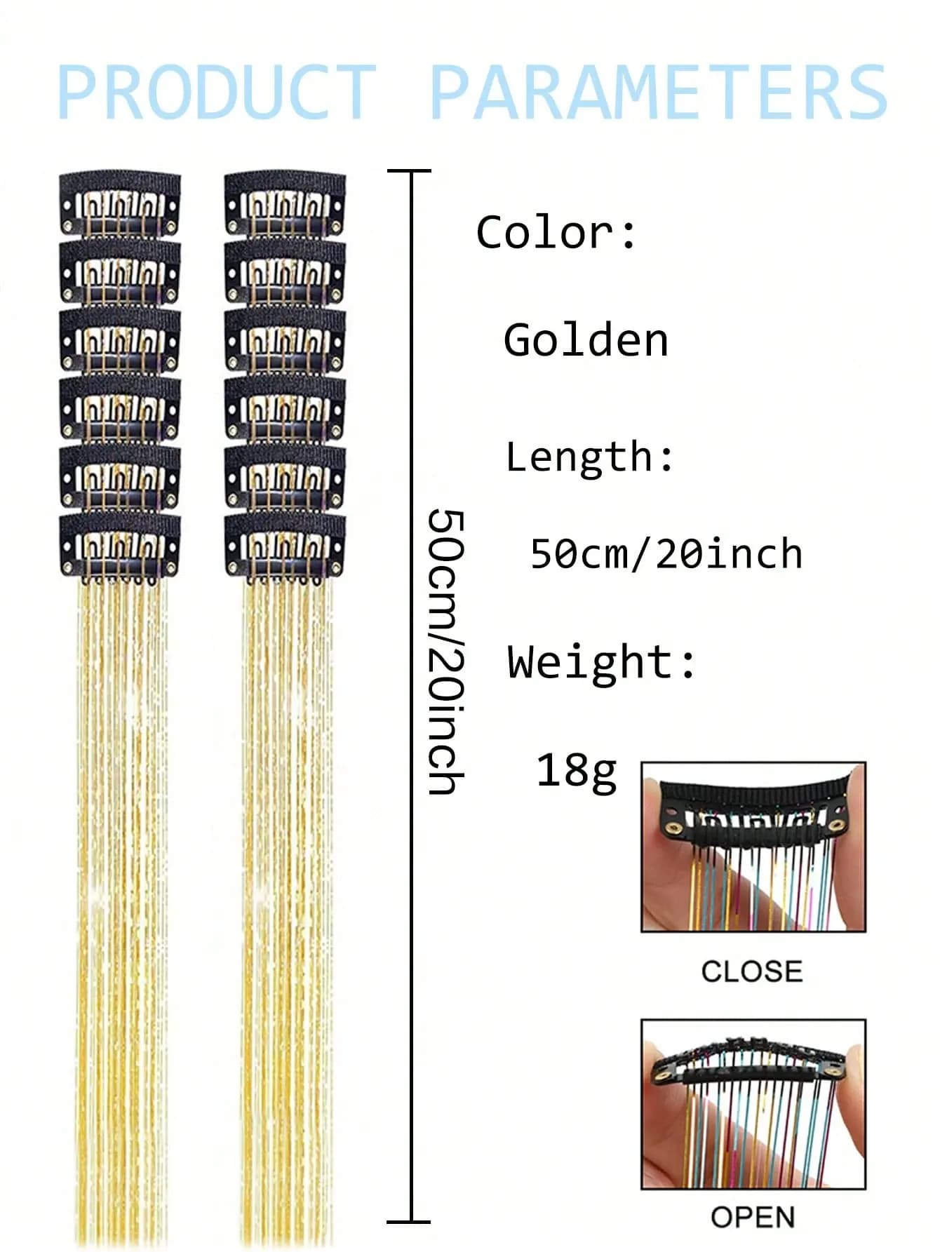 Clip-In Hair Extensions 20 Inch Glitter Tinsel 12 Piece Synthetic Hair Accessories for Women Gold