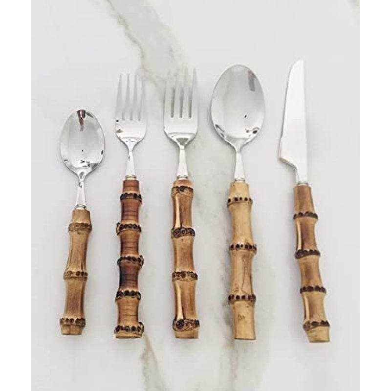 5-Pieces Bamboo Silverware Set, Natural Bamboo Handle Flatware, Cutlery and Utensils Set, Stainless Steel,Dinnerware