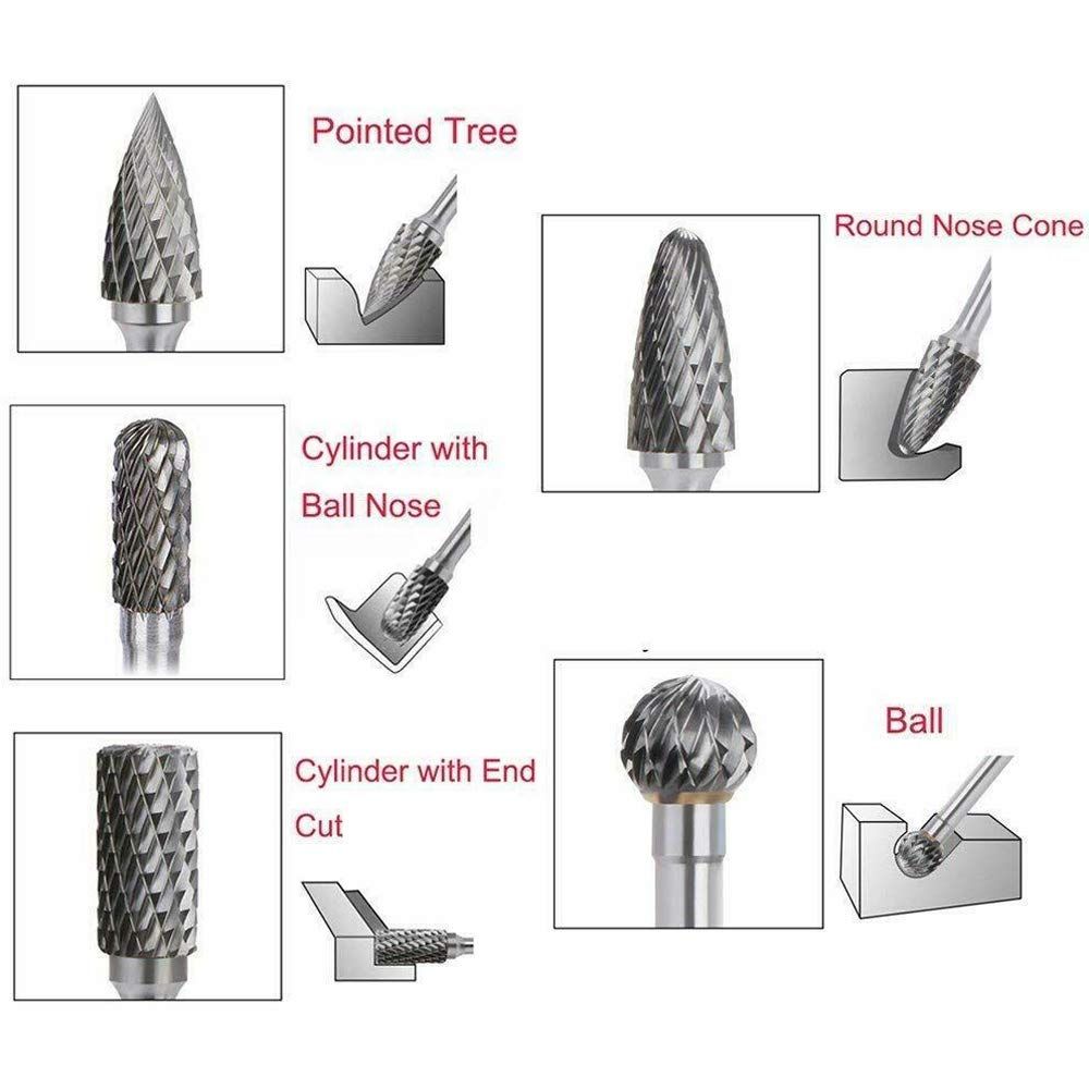 5 PCS Double Cut Tungsten Carbide Rotary Burrs Head Size Die Grinder Bits for Drilling Polishing Carving Engraving by