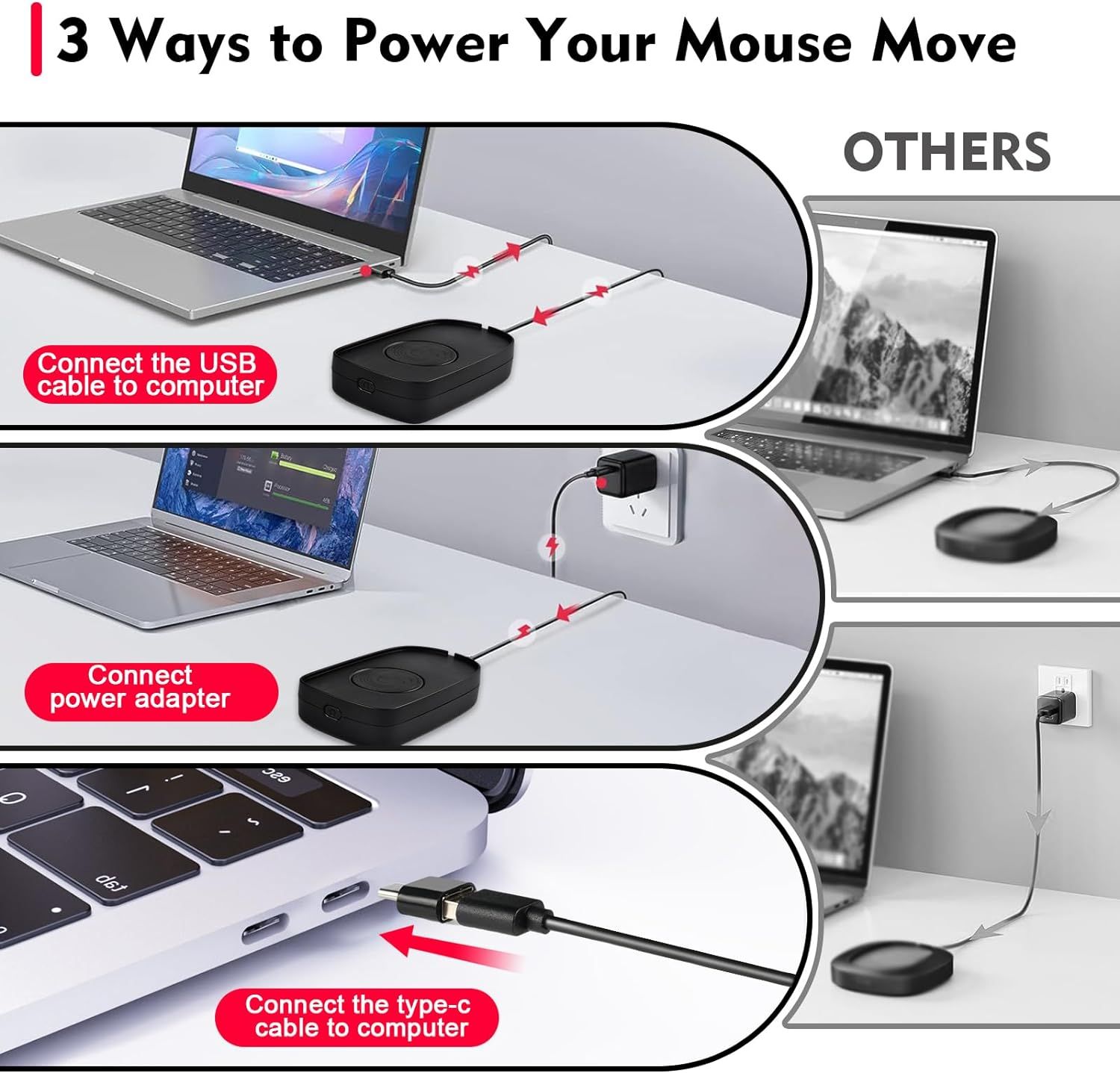 Mouse Mover Device Undetectable with Drive Free USB Cable and 5V1A Adapter, Ultra-Silent Simulates Realistic Movement Mice Mover