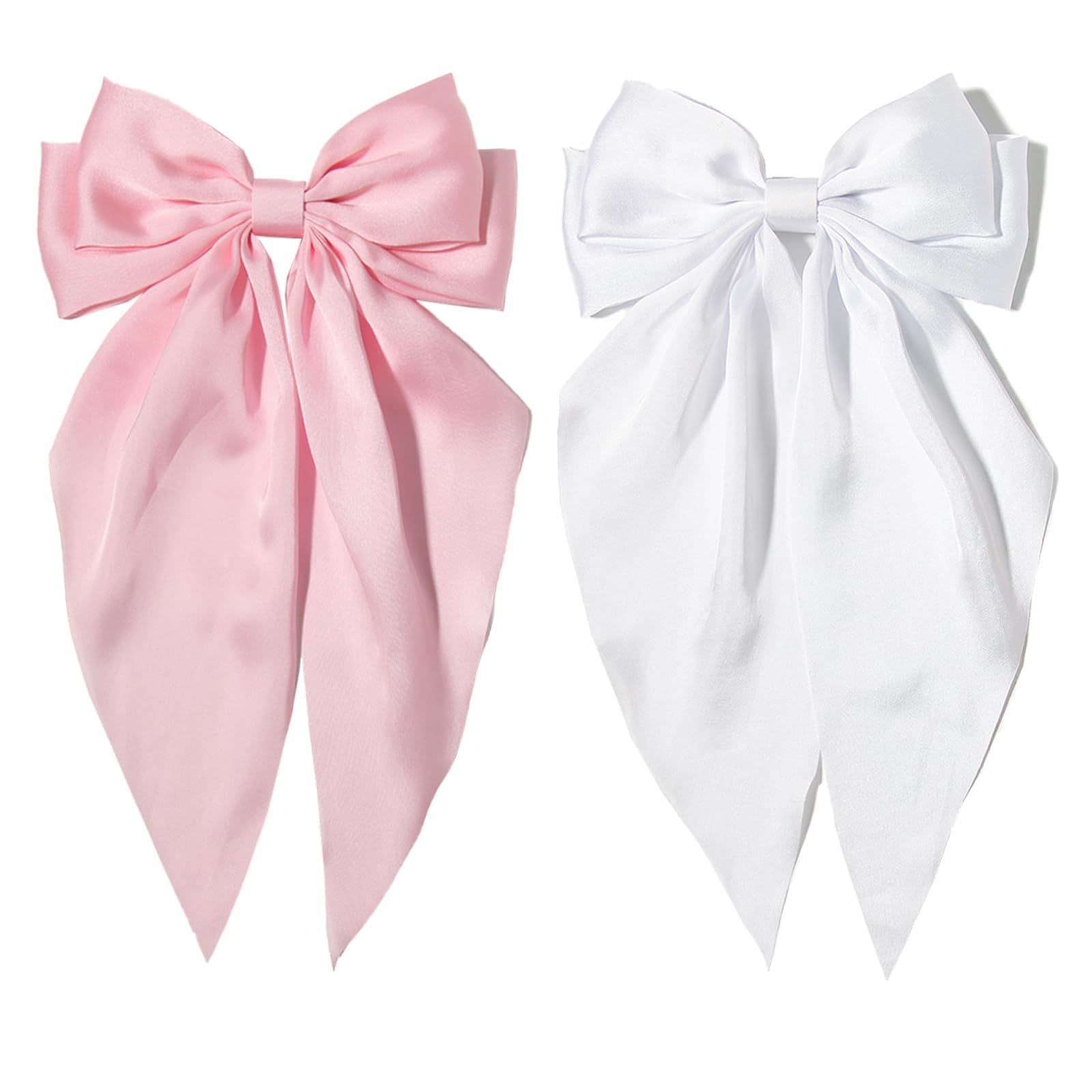 Pink Hair Bow Clips for Women,Large White Satin Hair Bows,Long-Tail Alligator Clips,Big Hair Bow Girls 2pcs Hair Accessories