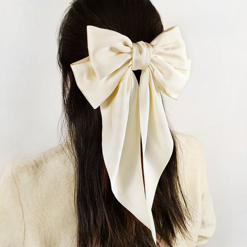 Hair Bows Silky Satin 3 Piece Big Hair Bows Oversized Long Tail White