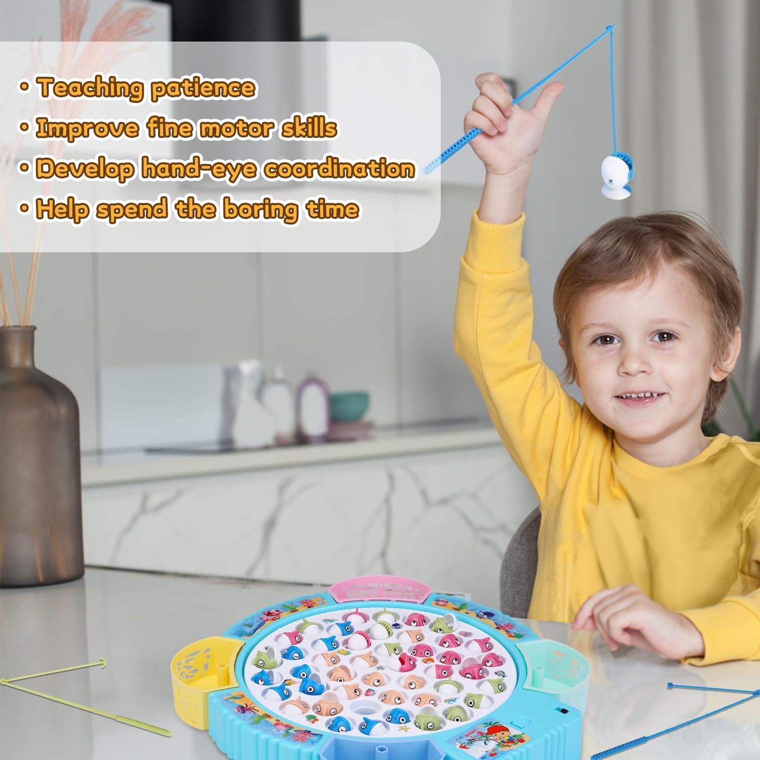 Magnetic Fishing Game Toys, Rotating Board Game with Music Including 45 Fishes and 8 Fishing Poles, Party Game Toys for Kids Age