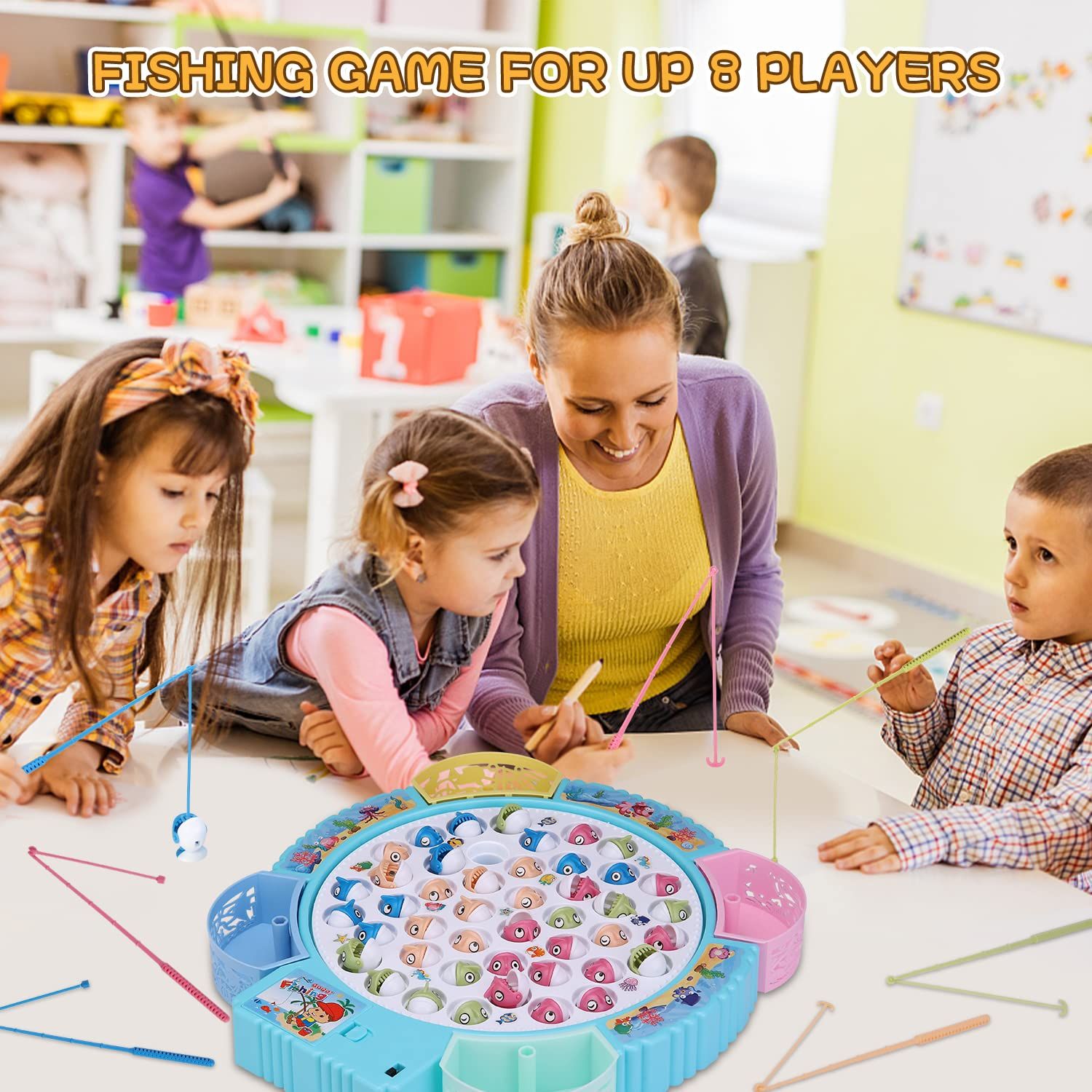 Magnetic Fishing Game Toys, Rotating Board Game with Music Including 45 Fishes and 8 Fishing Poles, Party Game Toys for Kids Age