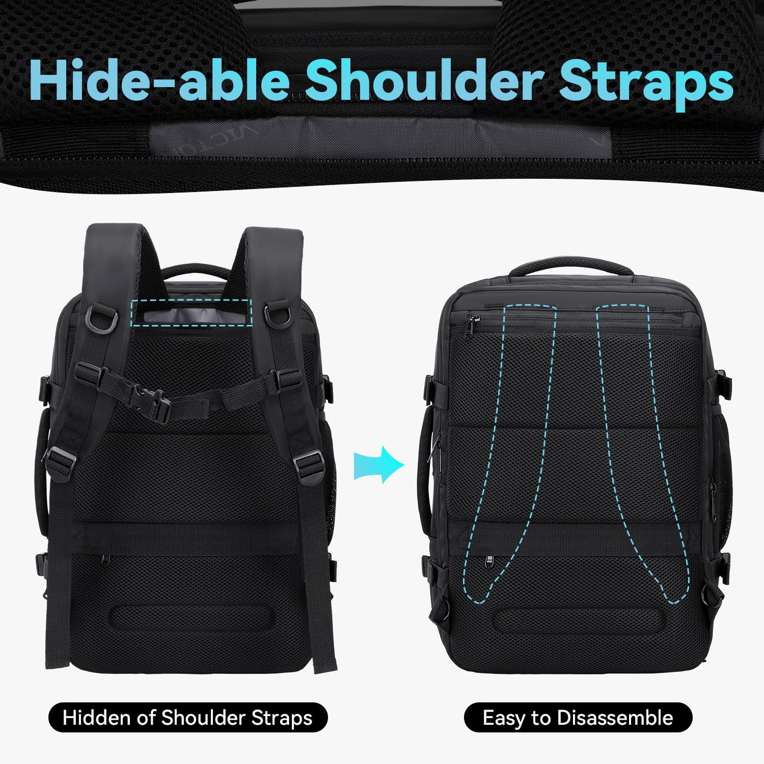 Carry on Travel Backpack for Men Women, Extra Large 40L Flight Approved Expandable Suitcase With USB/Type-C Charging Port,Black