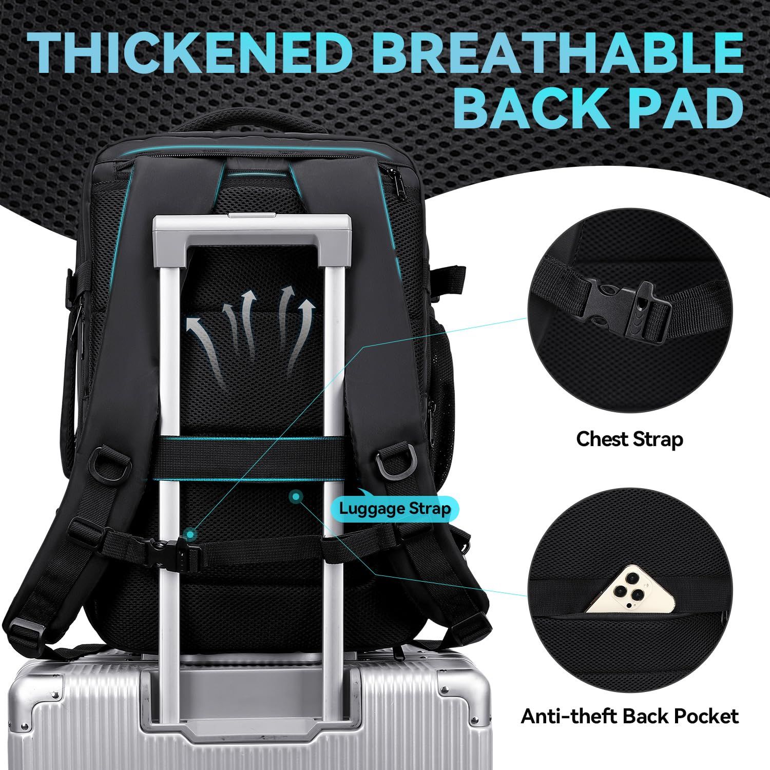 Carry on Travel Backpack for Men Women, Extra Large 40L Flight Approved Expandable Suitcase With USB/Type-C Charging Port,Black