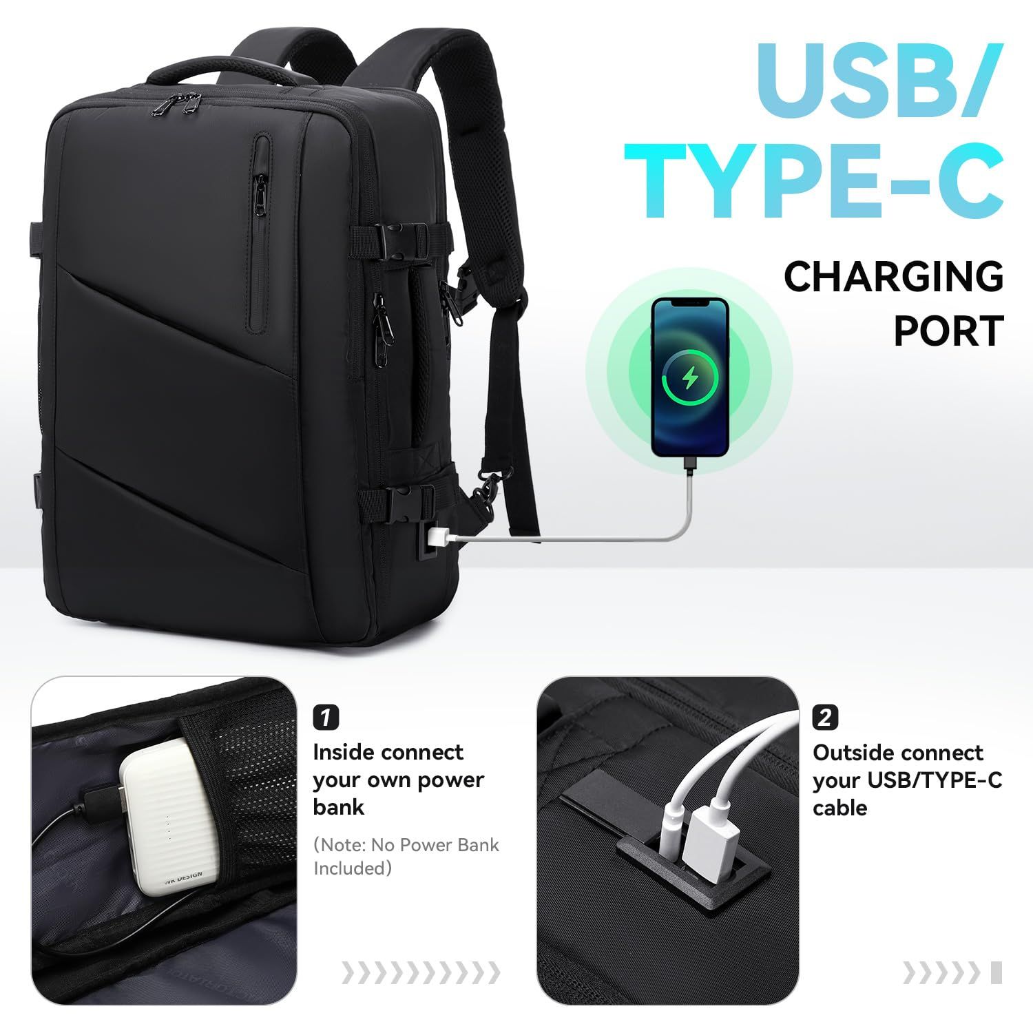 Carry on Travel Backpack for Men Women, Extra Large 40L Flight Approved Expandable Suitcase With USB/Type-C Charging Port,Black