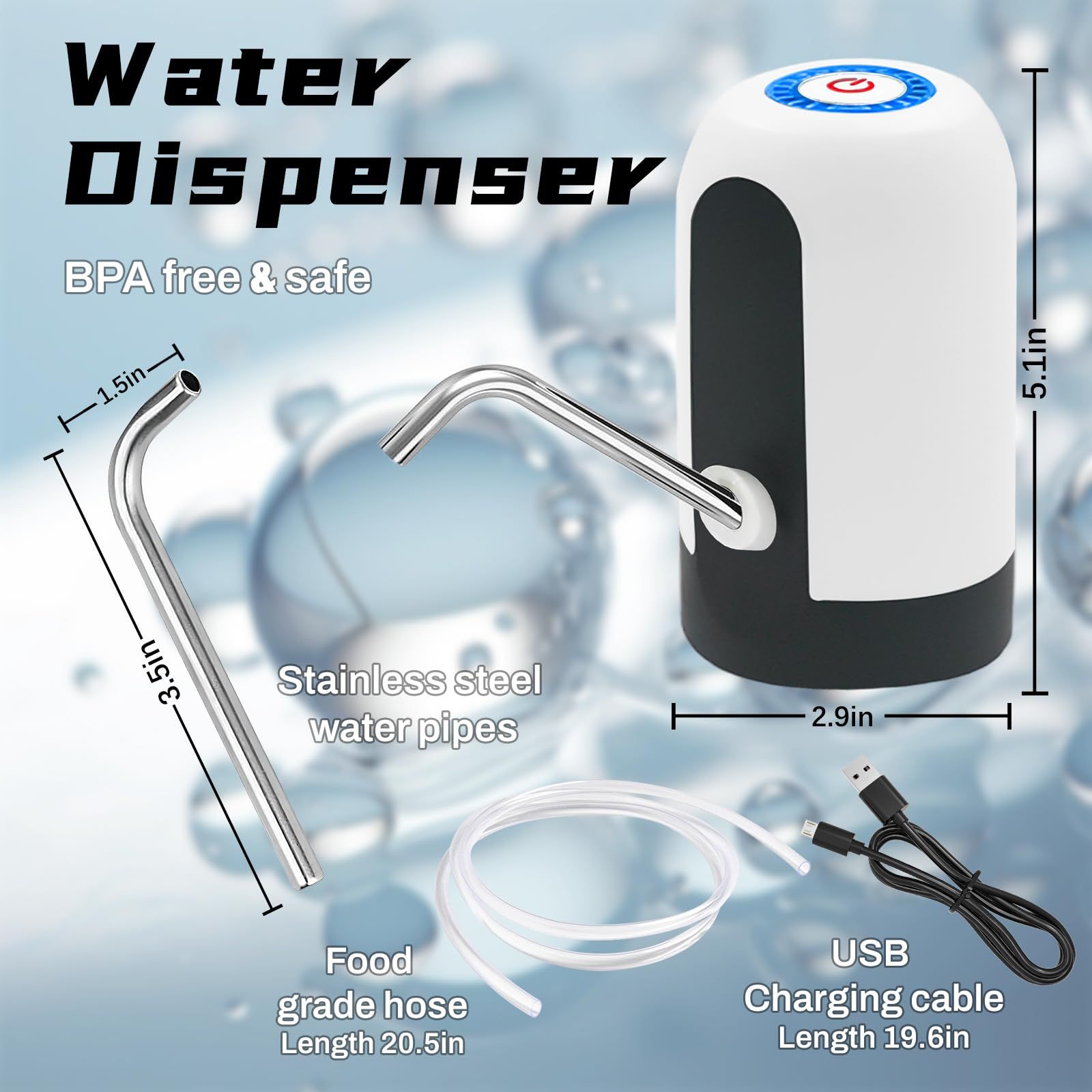 Water Dispenser for 5 Gallon Bottle,Portability Electric Water Pump with USB Data Cable,White Automatic Drinking Water Bottle Pump