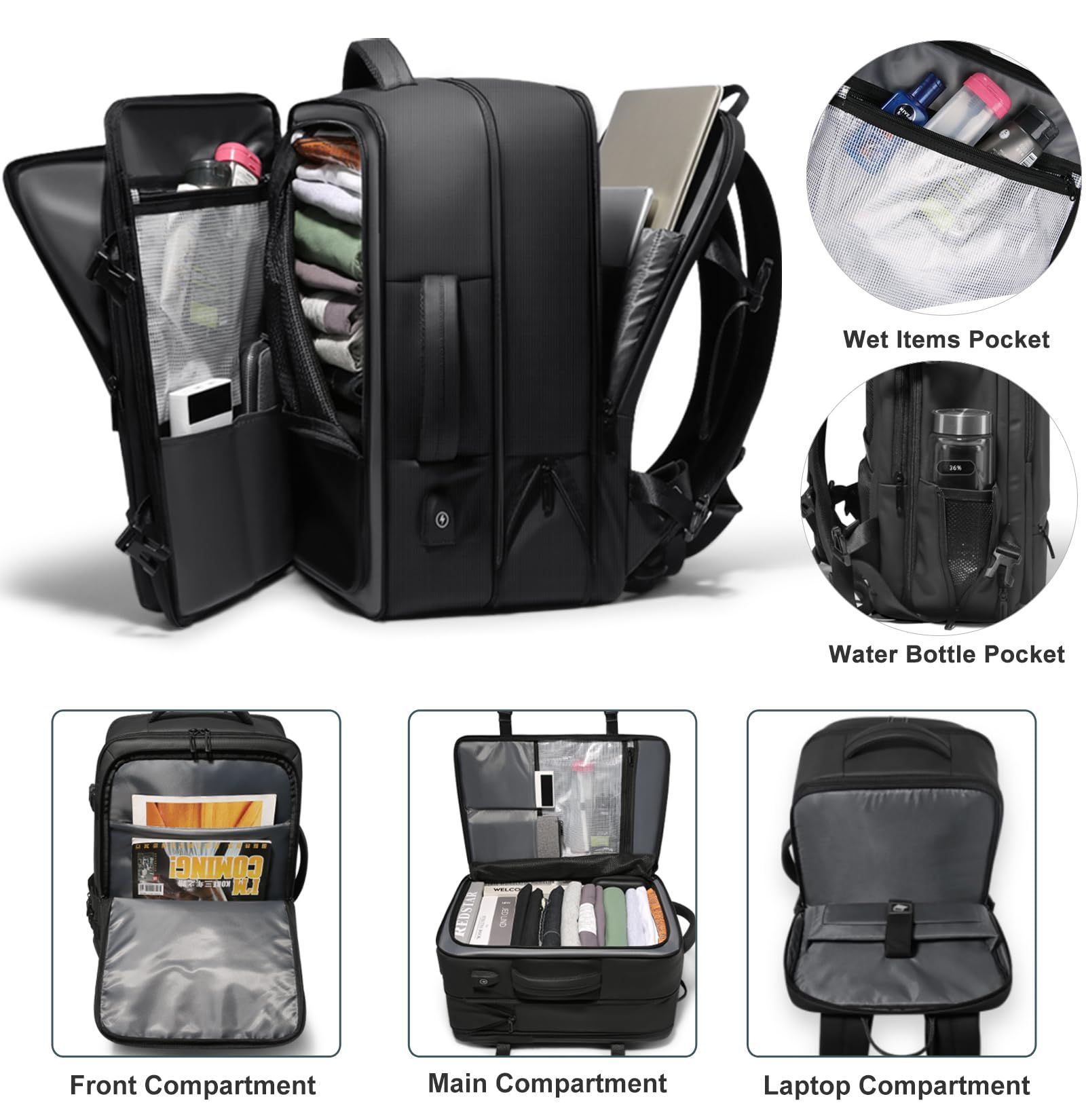 Large Carry On Backpack, 40L Expandable USB Backpack, 17.3” Laptop Backpack for Men Airline Approved Travel Business Weekender Bag