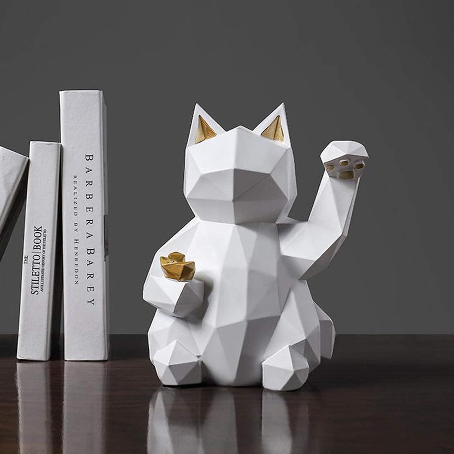 Geometric Lucky Cat Statue Collectible Figurine Feng Shui Successful Career Fortune Charm Good Health Decor,White,S