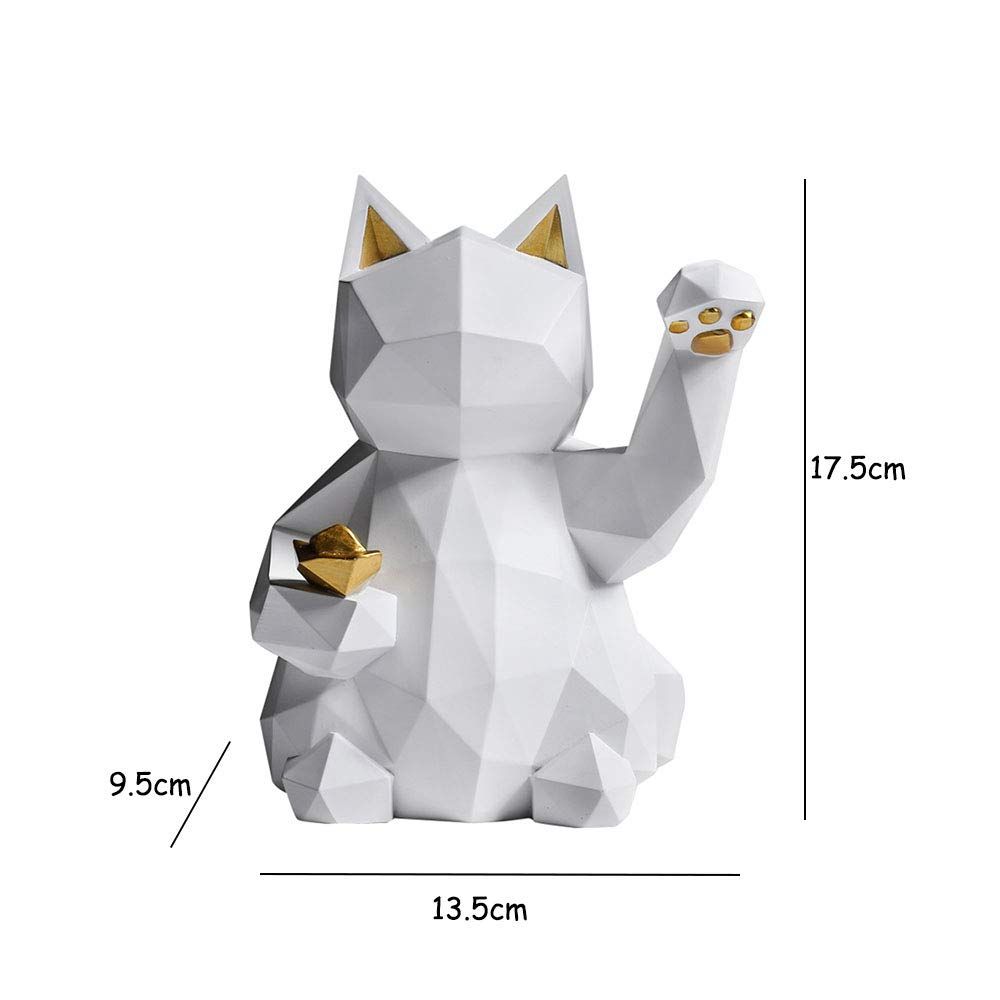 Geometric Lucky Cat Statue Collectible Figurine Feng Shui Successful Career Fortune Charm Good Health Decor,White,S