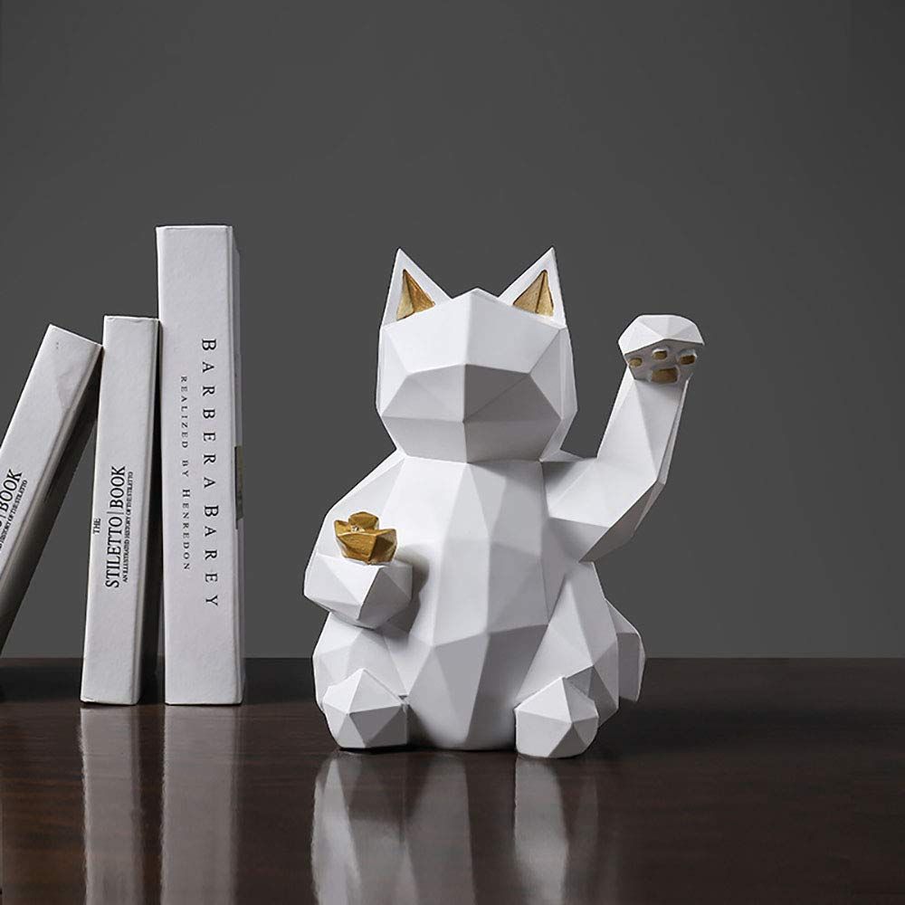 Geometric Lucky Cat Statue Collectible Figurine Feng Shui Successful Career Fortune Charm Good Health Decor,White,S