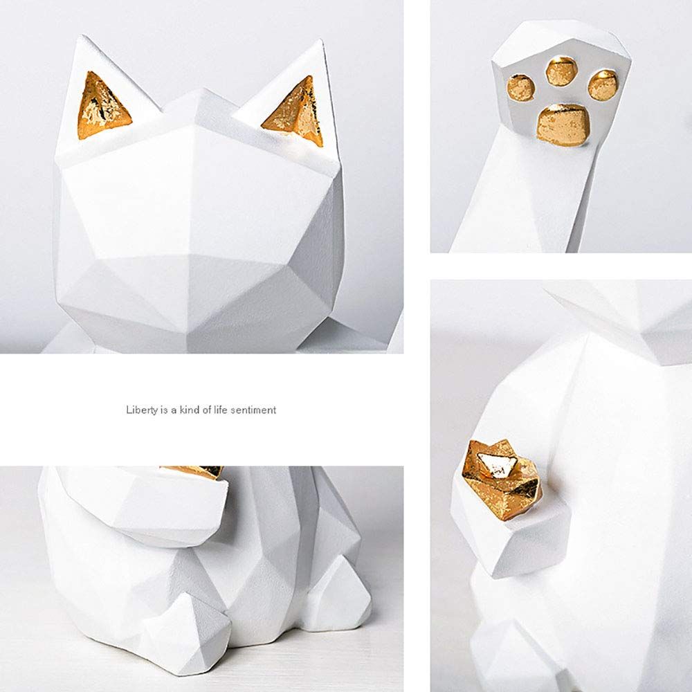 Geometric Lucky Cat Statue Collectible Figurine Feng Shui Successful Career Fortune Charm Good Health Decor,White,S
