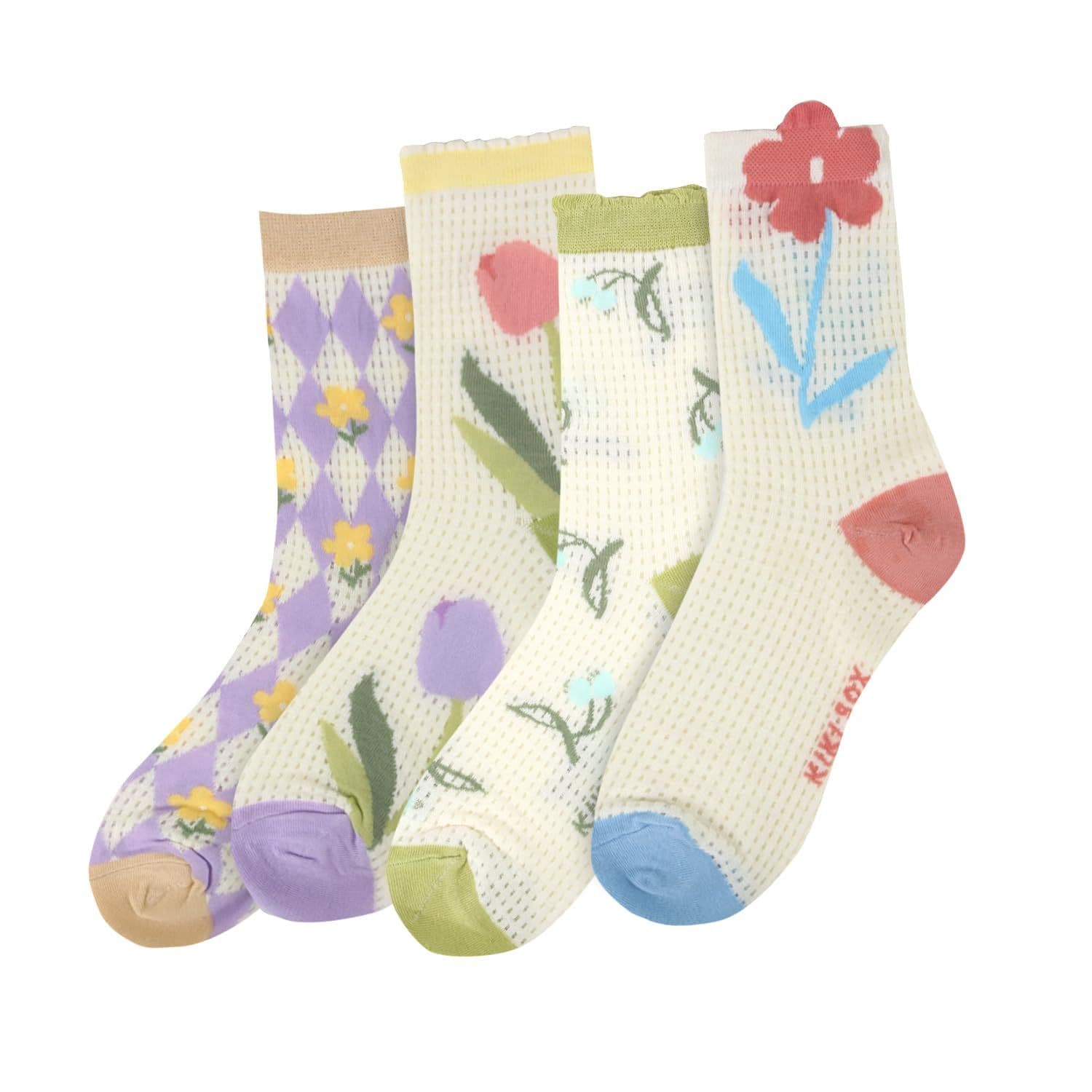 Novelty Crew Socks Funny Colorful Floral Animal Pattern Medium Size Cotton Women