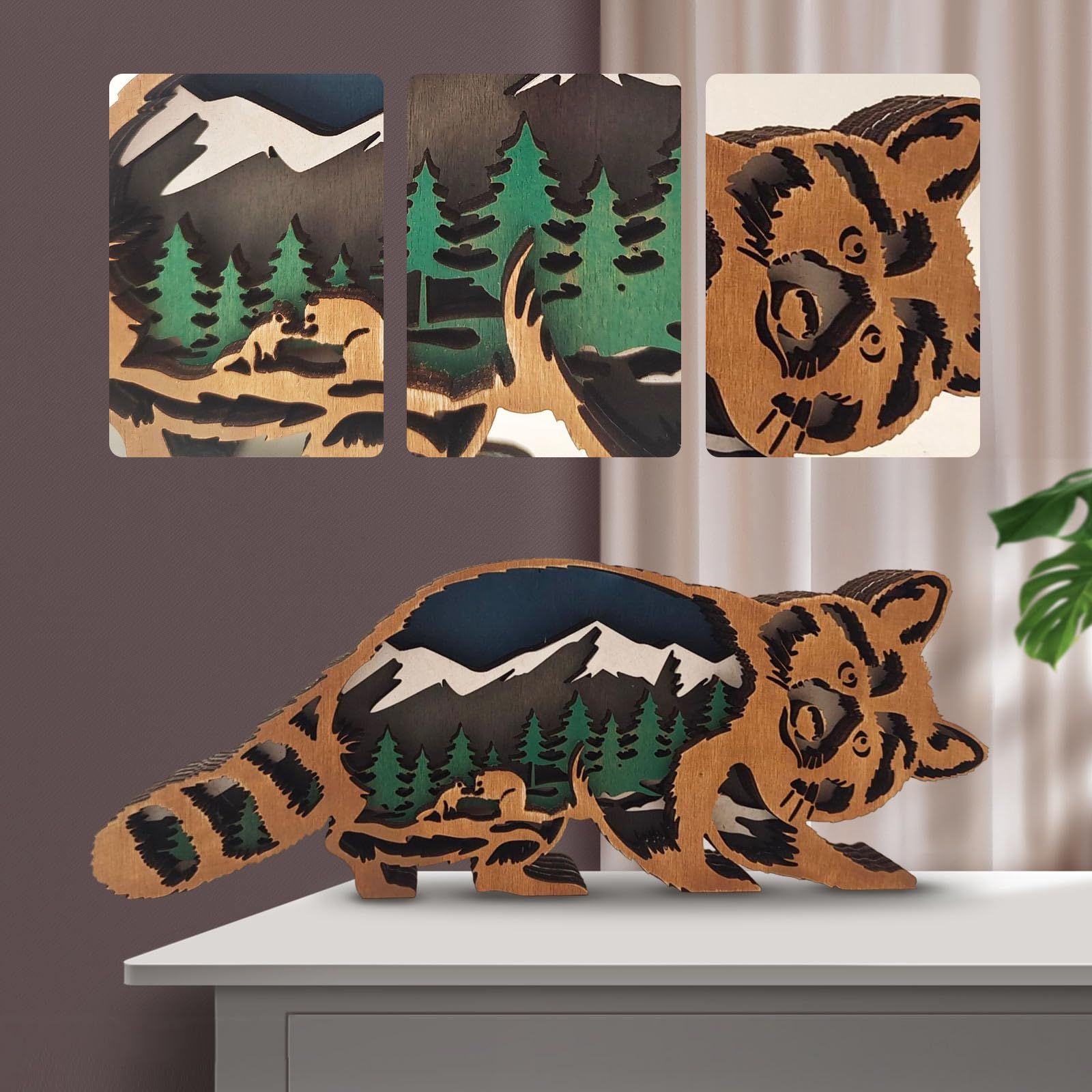 Wooden Forest Animals Decor,Rustic Decor Wall Decorations Mountain Decor for Bedroom Living Room Table Decorative (Raccoon)