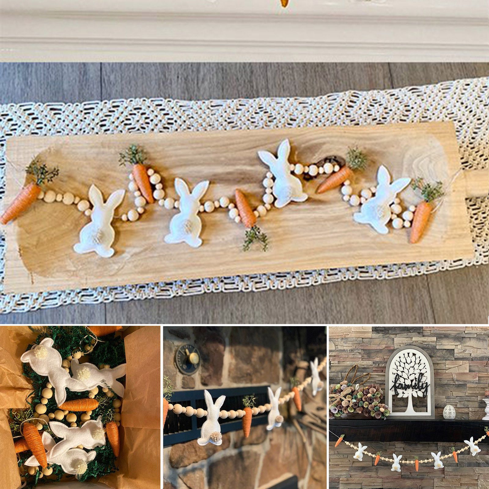 Easter Bunny Carrot Garland, Easter Bunny Carrot Decorations Stuffed Rabbit Plaited Carrot Wooden Beads Banner