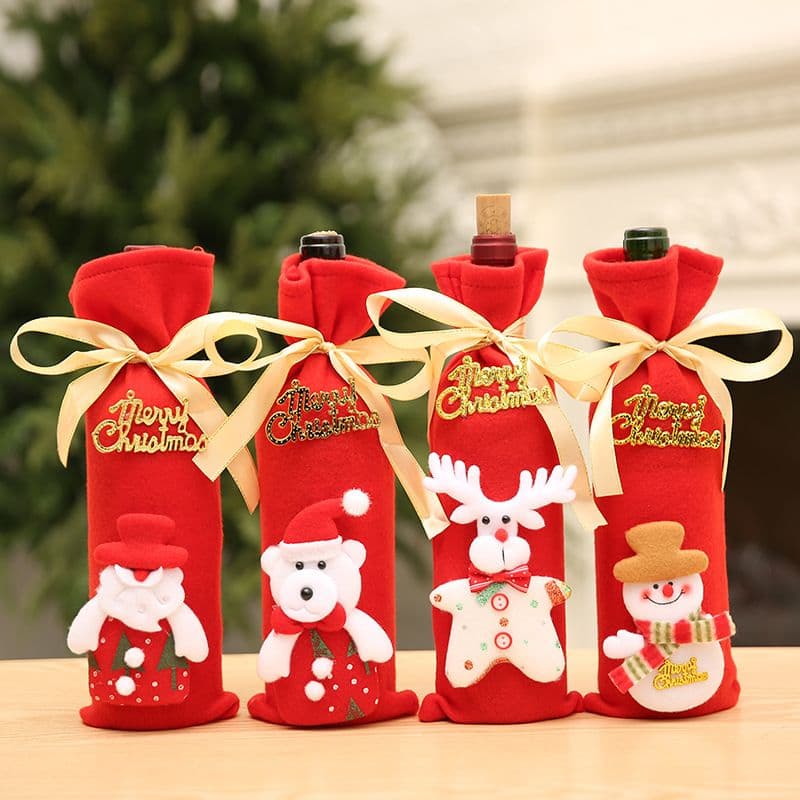 4 PCS Wine Bottle Gift Bags Christmas Decoration Non-woven Fabric Red