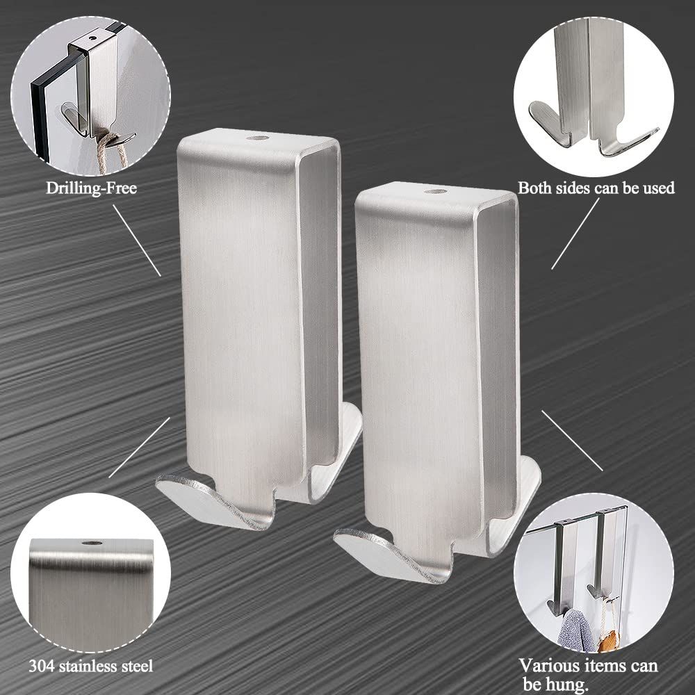 Doulbe Hooks for Glass Shower Door, Over Shower Glass Door Hook 304 Stainless Steel Rack Hooks Towel Hooks Over The (4 Pack)
