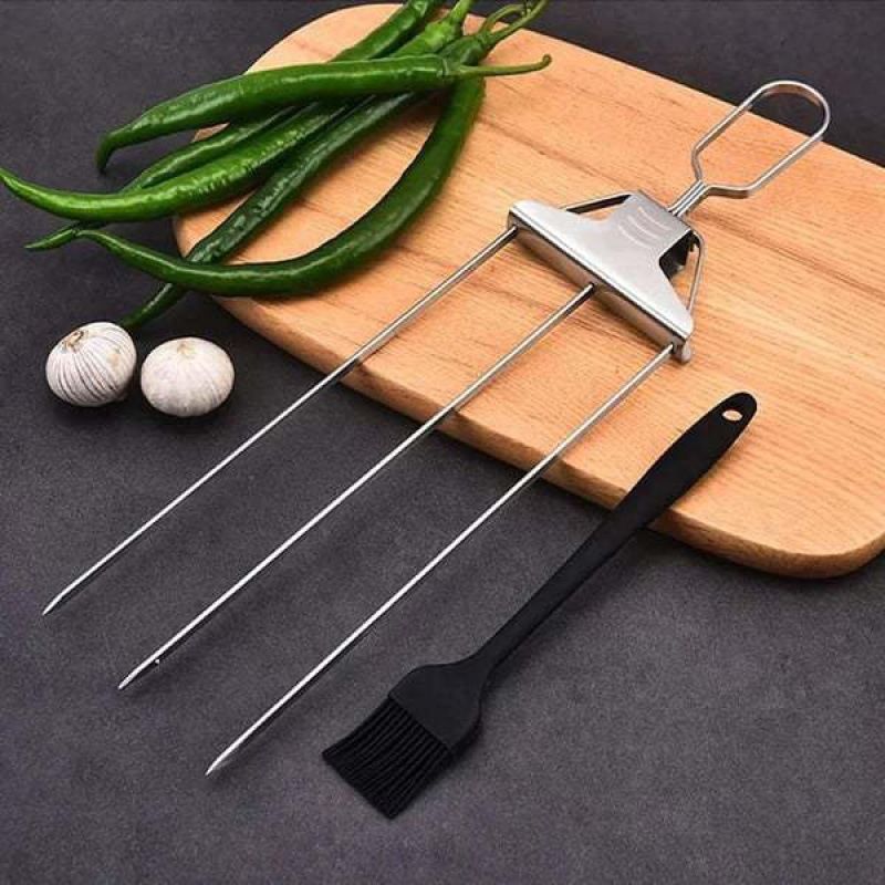 3 Way Grill Skewers,Household Semi-Atuo Stainless Steel Skewers With Push Bar,Reusable Metal Grilling Skewers
