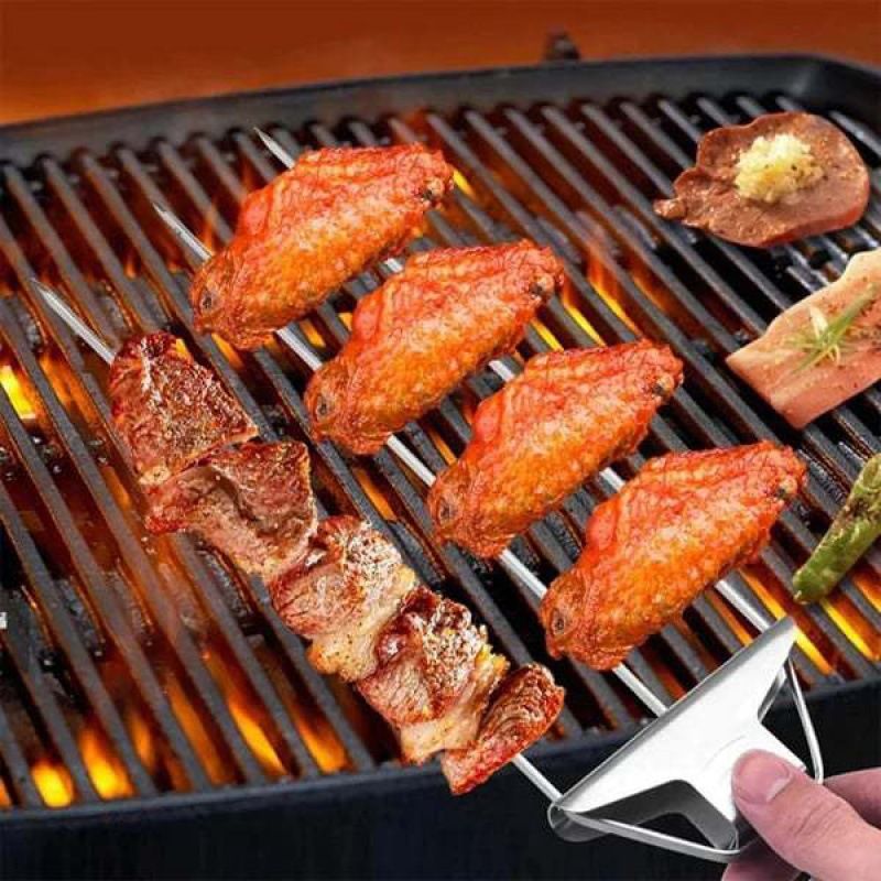 3 Way Grill Skewers,Household Semi-Atuo Stainless Steel Skewers With Push Bar,Reusable Metal Grilling Skewers