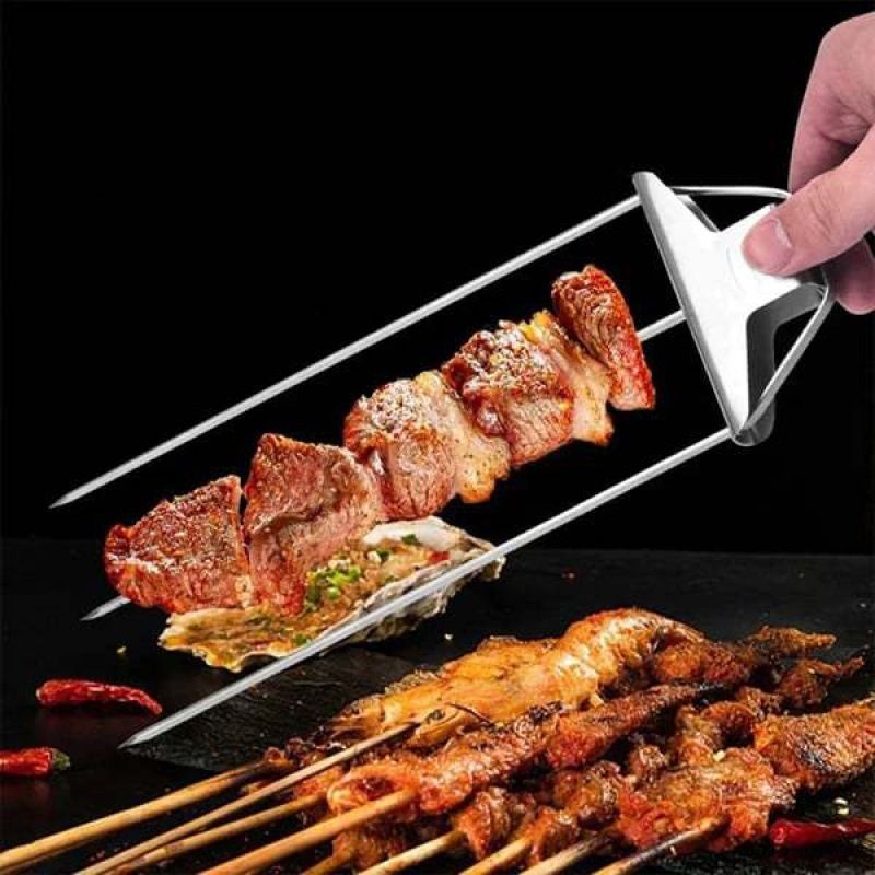3 Way Grill Skewers,Household Semi-Atuo Stainless Steel Skewers With Push Bar,Reusable Metal Grilling Skewers