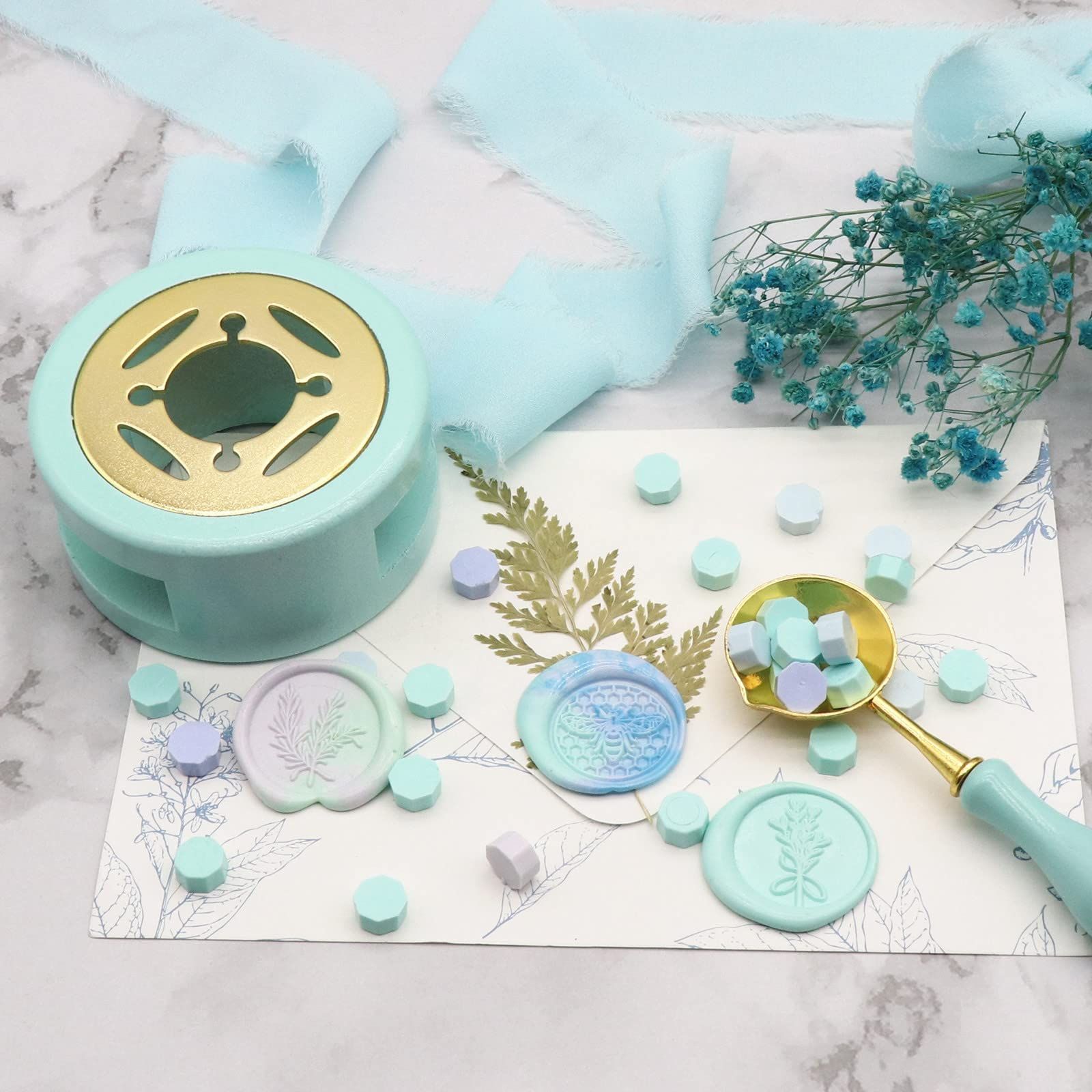 Wax Seal Kit Wax Seal Warmer Wax Seal Stamp Kit Wax Seal Furnace with Melting Spoon for Melting Wax Seal Sticks (Mint Green)
