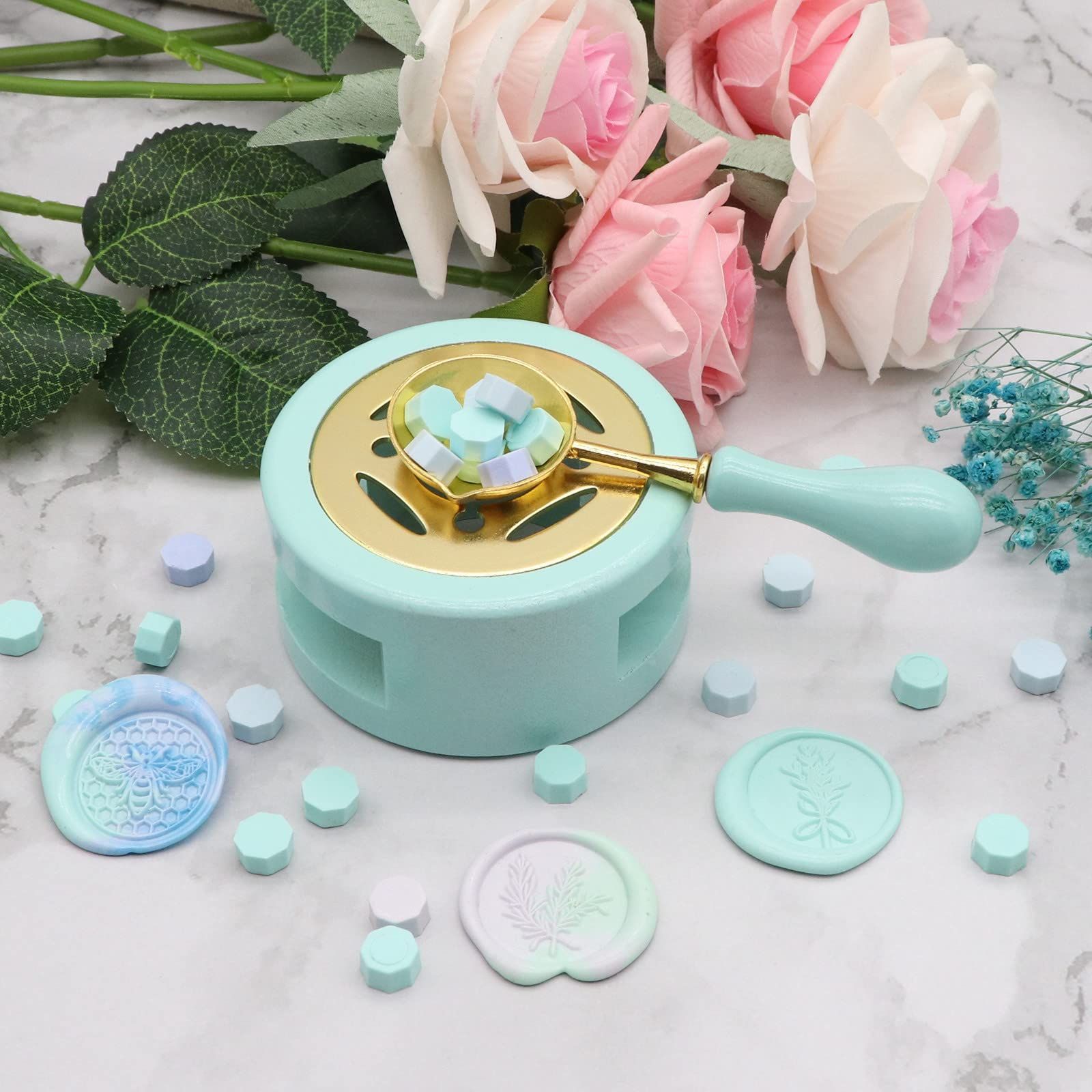 Wax Seal Kit Wax Seal Warmer Wax Seal Stamp Kit Wax Seal Furnace with Melting Spoon for Melting Wax Seal Sticks (Mint Green)