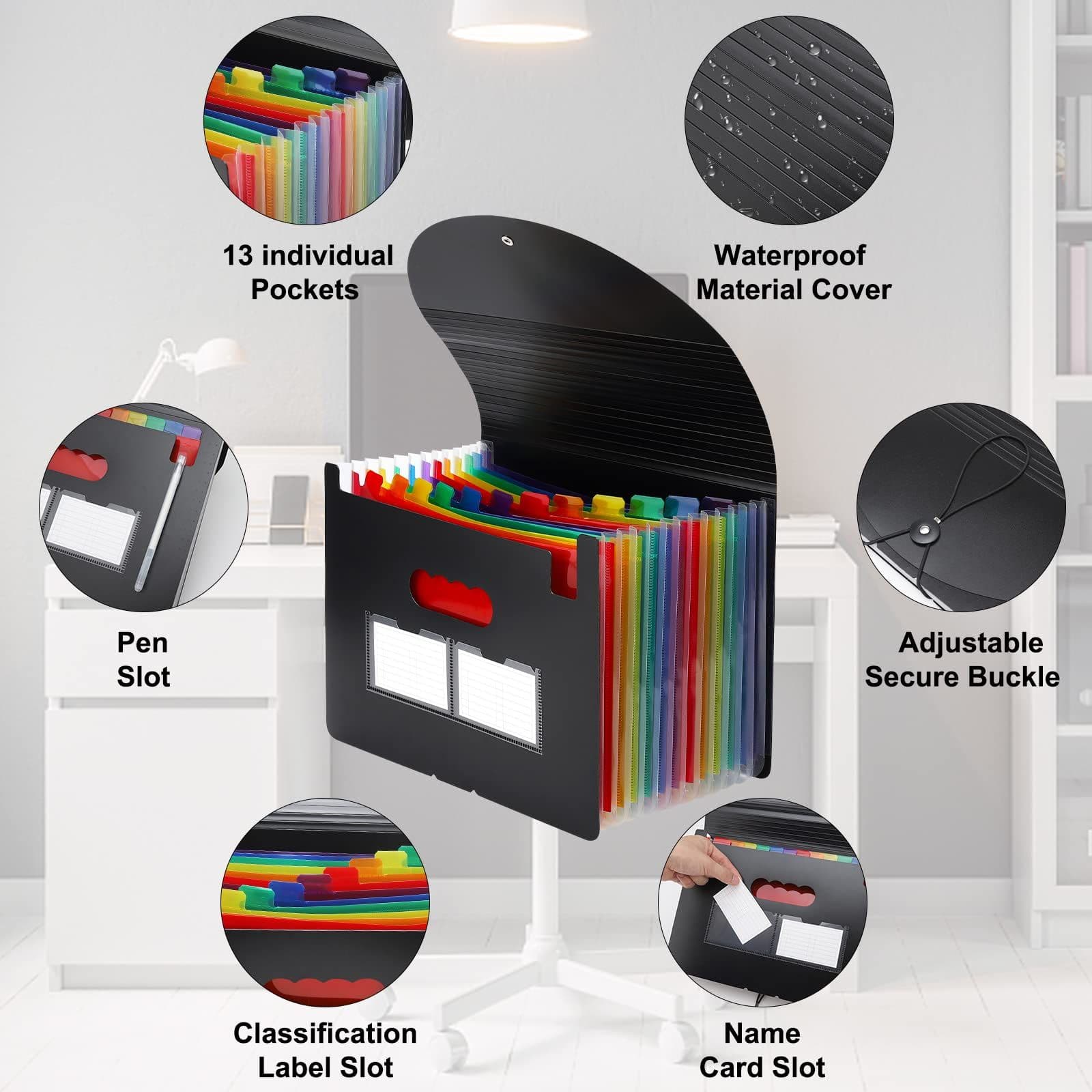 Expanding File Organizer 13 Pockets Durable Plastic 13x9.4 Inch Portable Document Storage