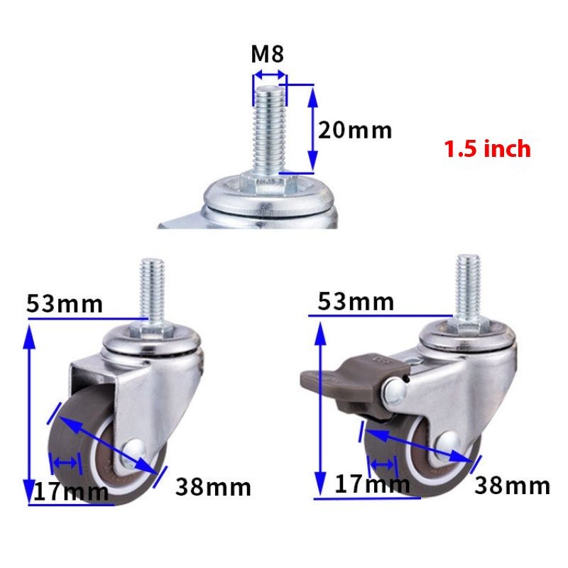1.5 Inch Shopping Cart Wheel Trolley Swivel Caster Wheels Soft Rubber TPE M8x Threaded Stem Caster Wheel (2 with Brakes),Set of 4