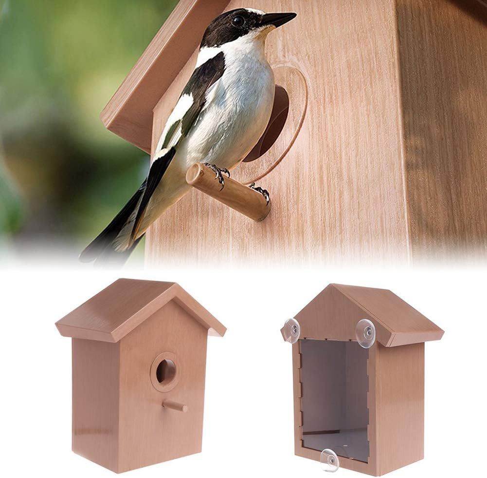 Bird House with Strong Suction Cup Wooden Birdhouse Clear Window Bird Feeder Outdoor Birds Nest Cage