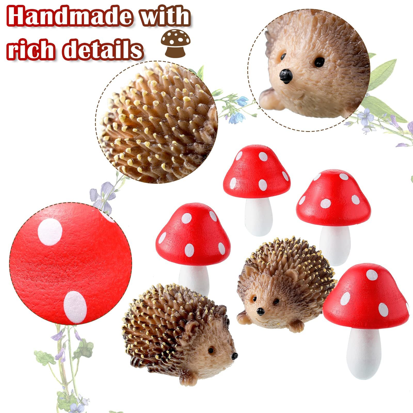 Resin Hedgehogs & Wood Mushroom Sculpture, Fairy Wild Garden Supplies, 6 Pieces, Red, Handmade Decor