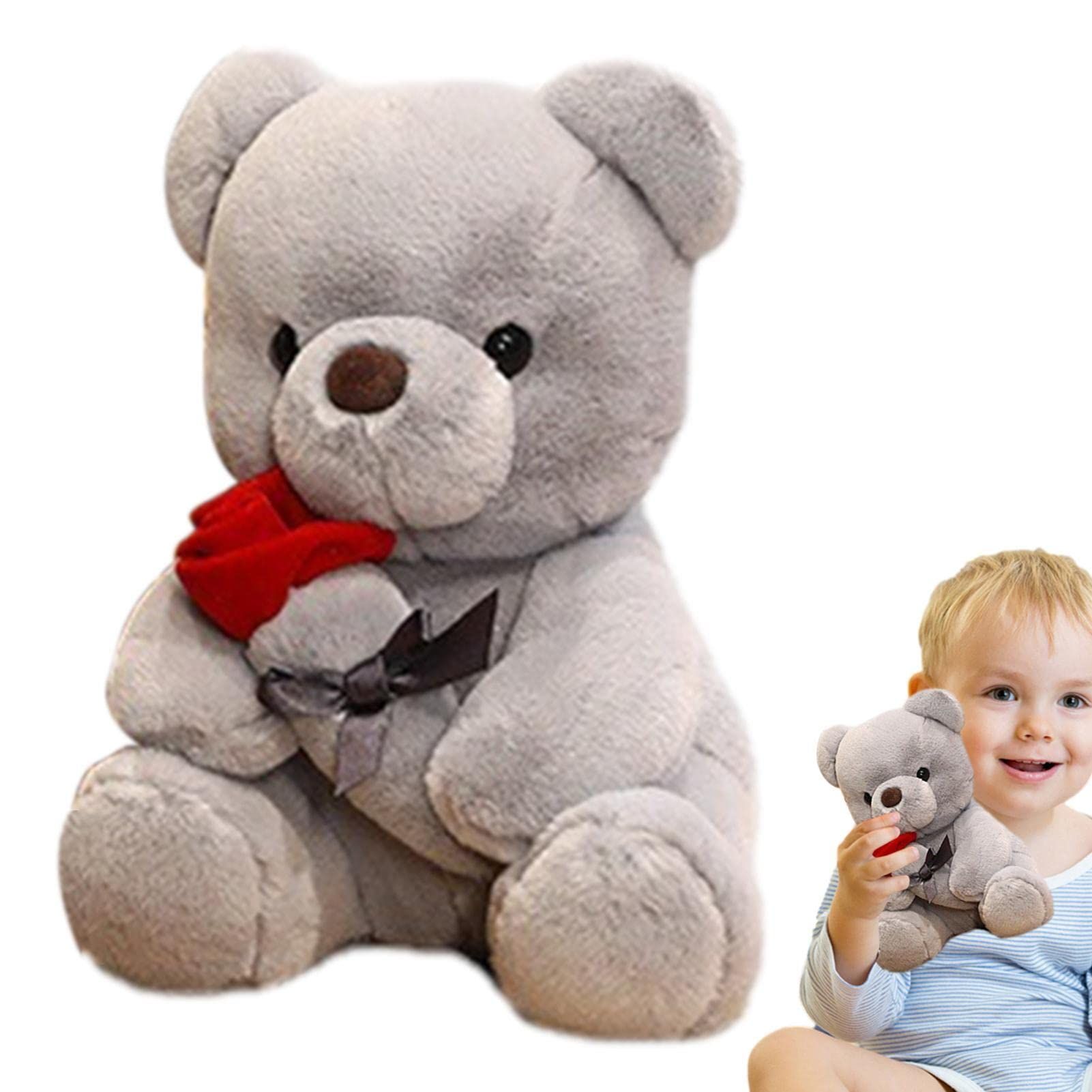 9.8'' Teddy Bear with Rose, Soft Plush Bear Doll Stuffed Animals Toys Valentines Day Decor Gifts for Her/Girlfriend (Gray)