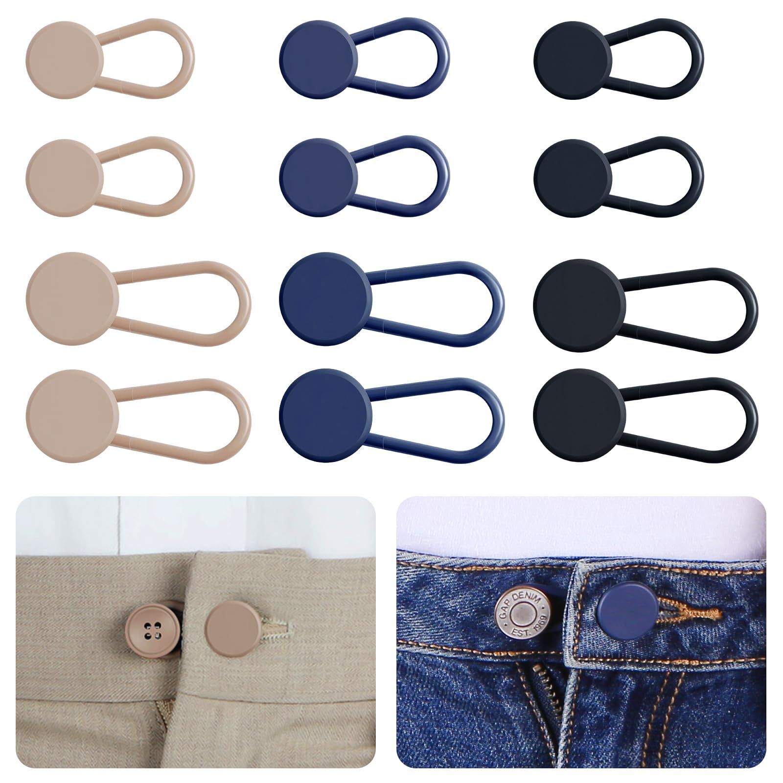 12PCS Button Extenders , Pants Waist Button Extender for Women Men, 3 Colors Pant Waistband Expander,1-1.4 Inches