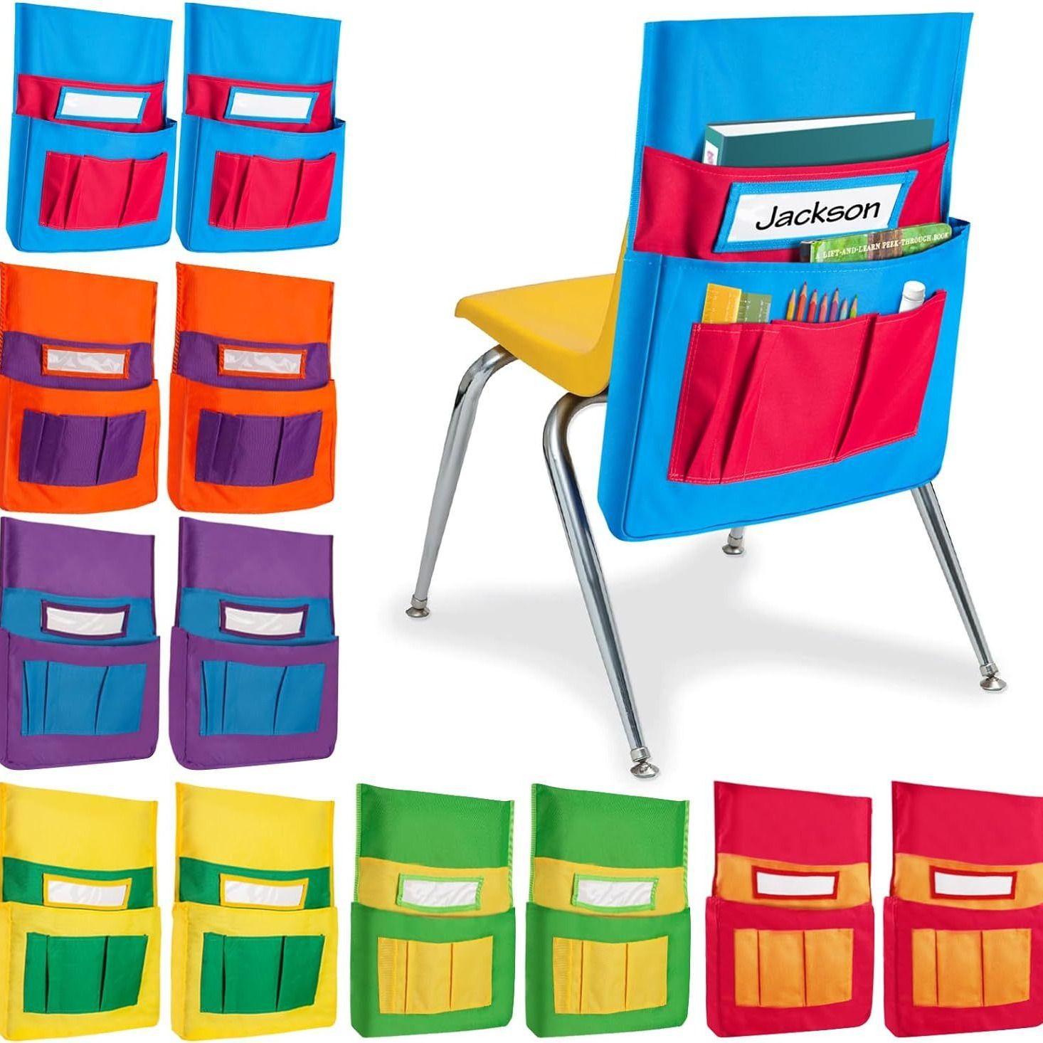 12 PCS Chair Pocket for Classroom, Chair Organizer, Student Chair Back Buddy Pocket Chart, with 6 Storage Pockets and One Name Tag