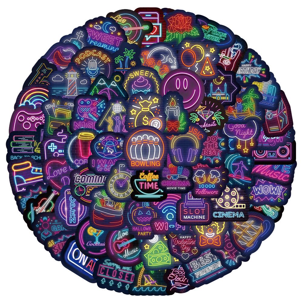 100Pcs Neon Style Stickers Decals, Cool Neon Light Stickers , Waterproof Vinyl Stickers for Laptop Water Bottle Guitar Skateboard