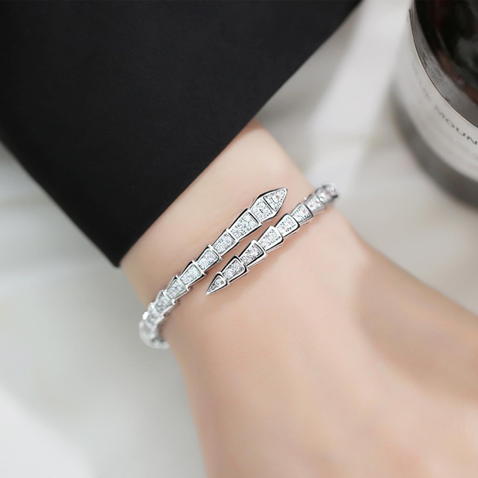 Crystal Cuff Bracelet for Women - Fashion Cubic Zirconi Silver Snake Bracelet Charm, Bangle Jewelry Gift for Anniversary Party