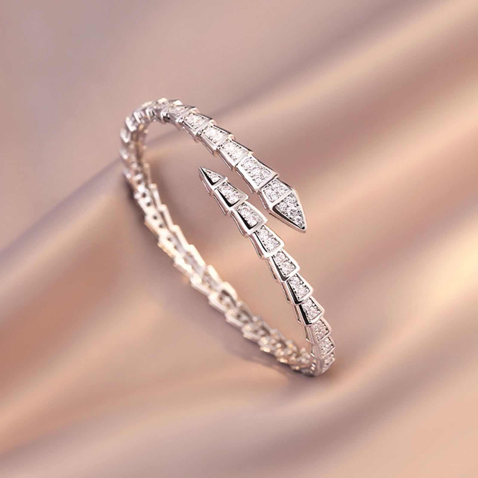 Crystal Cuff Bracelet for Women - Fashion Cubic Zirconi Silver Snake Bracelet Charm, Bangle Jewelry Gift for Anniversary Party