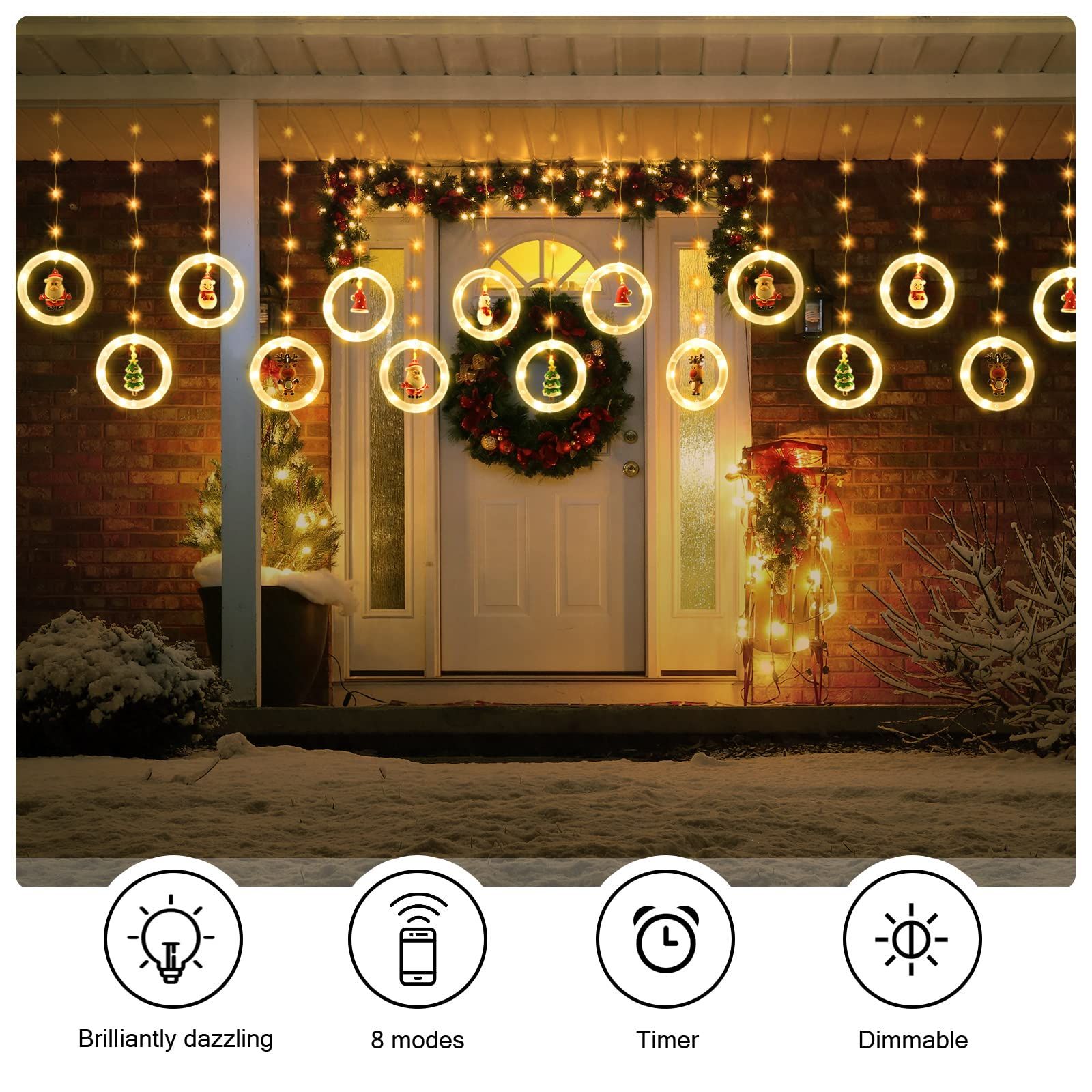 Window Lights Christmas Decor Ring Lights with Ornament LED Curtain Lights Indoor Outdoor USB White Christmas String