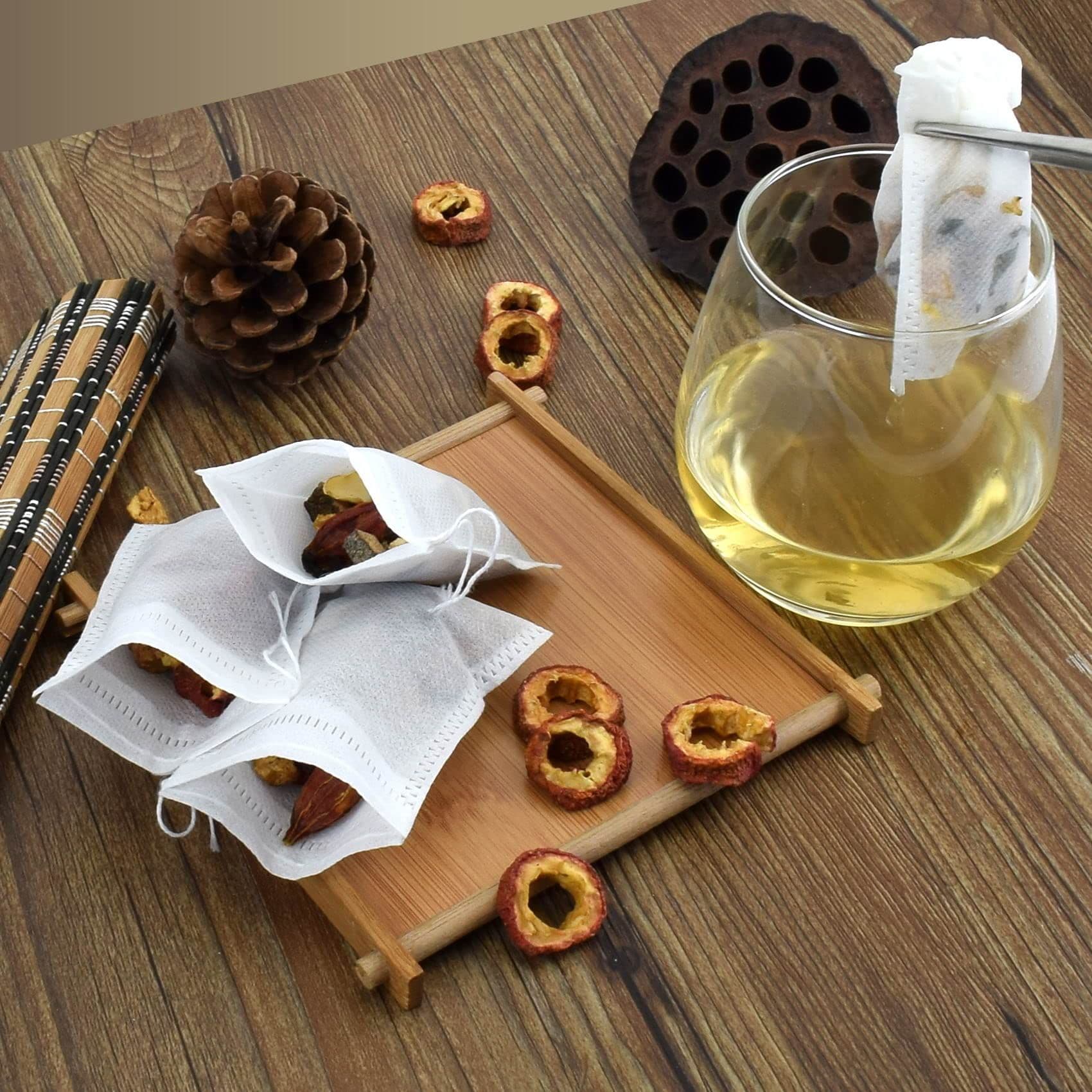 100 Piece Drawstring Bags Disposable Small Mesh Bags for Cooking Soaking Medicinal Liquor Tea Coffee Filter White